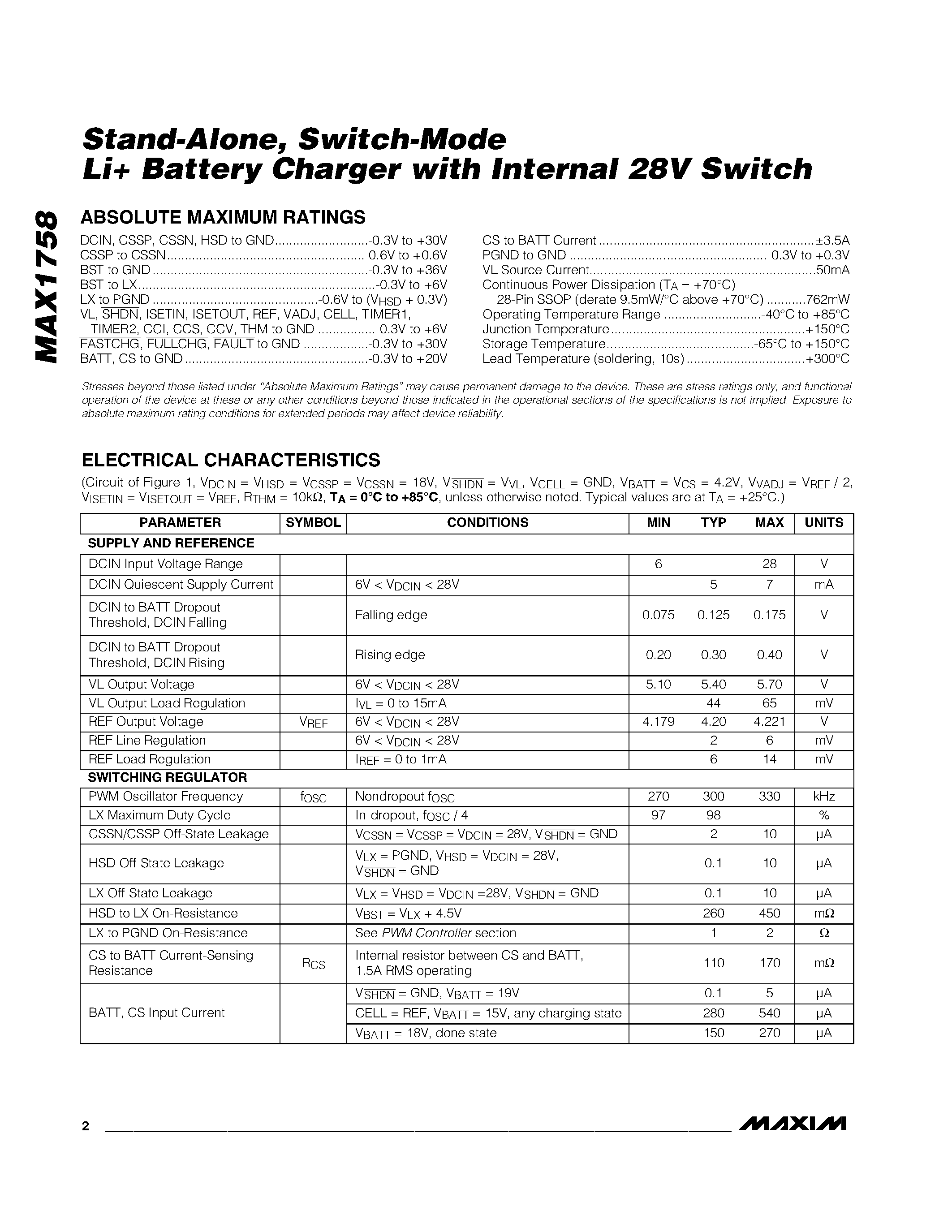 Datasheet MAX1758 - Stand-Alone / Switch-Mode Li Battery Charger with Internal 28V Switch page 2