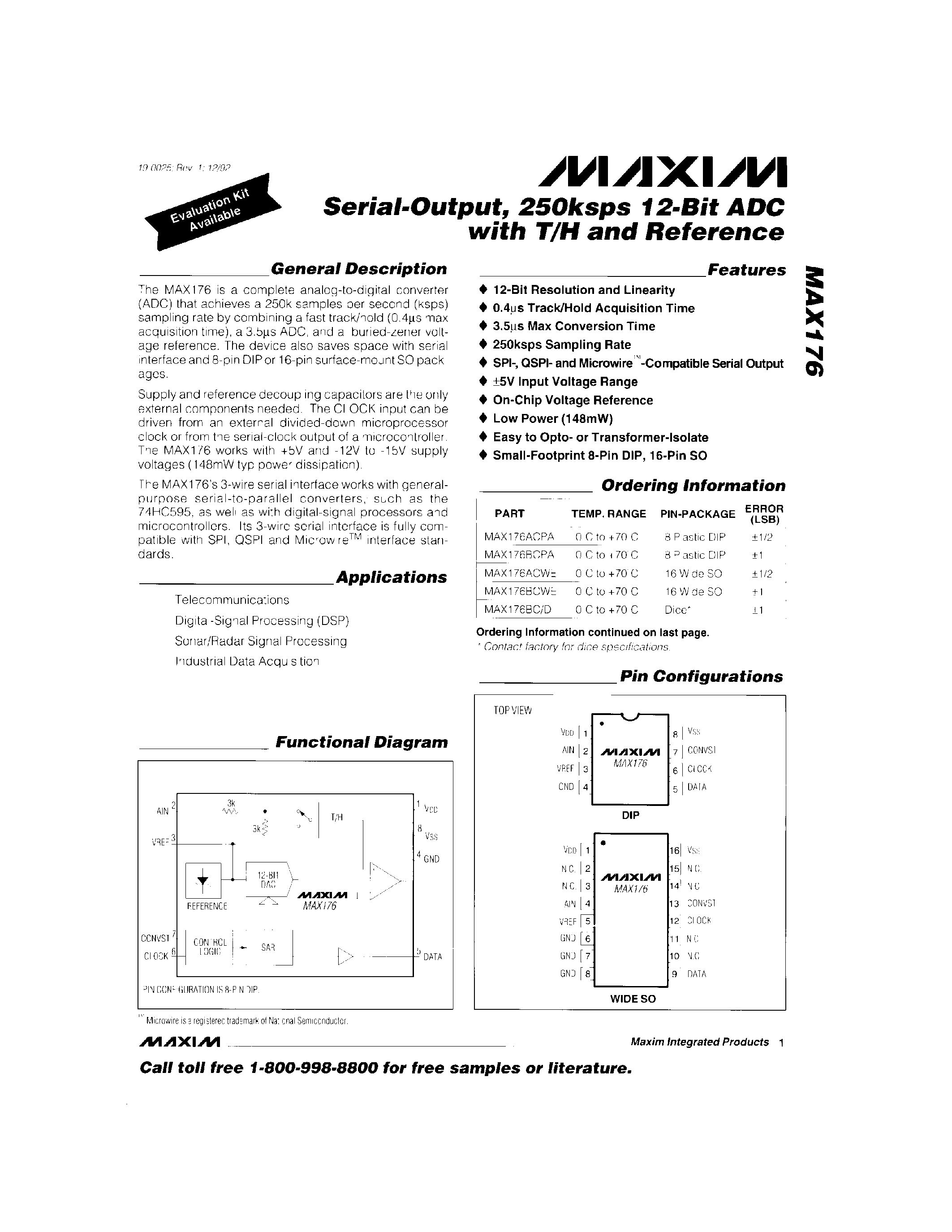 Даташит на микросхему MAX176 страница 1 Даташит MAX176 - Serial-Output / 250Ksps 12-Bit ADC with T/H and Refernce страница 1