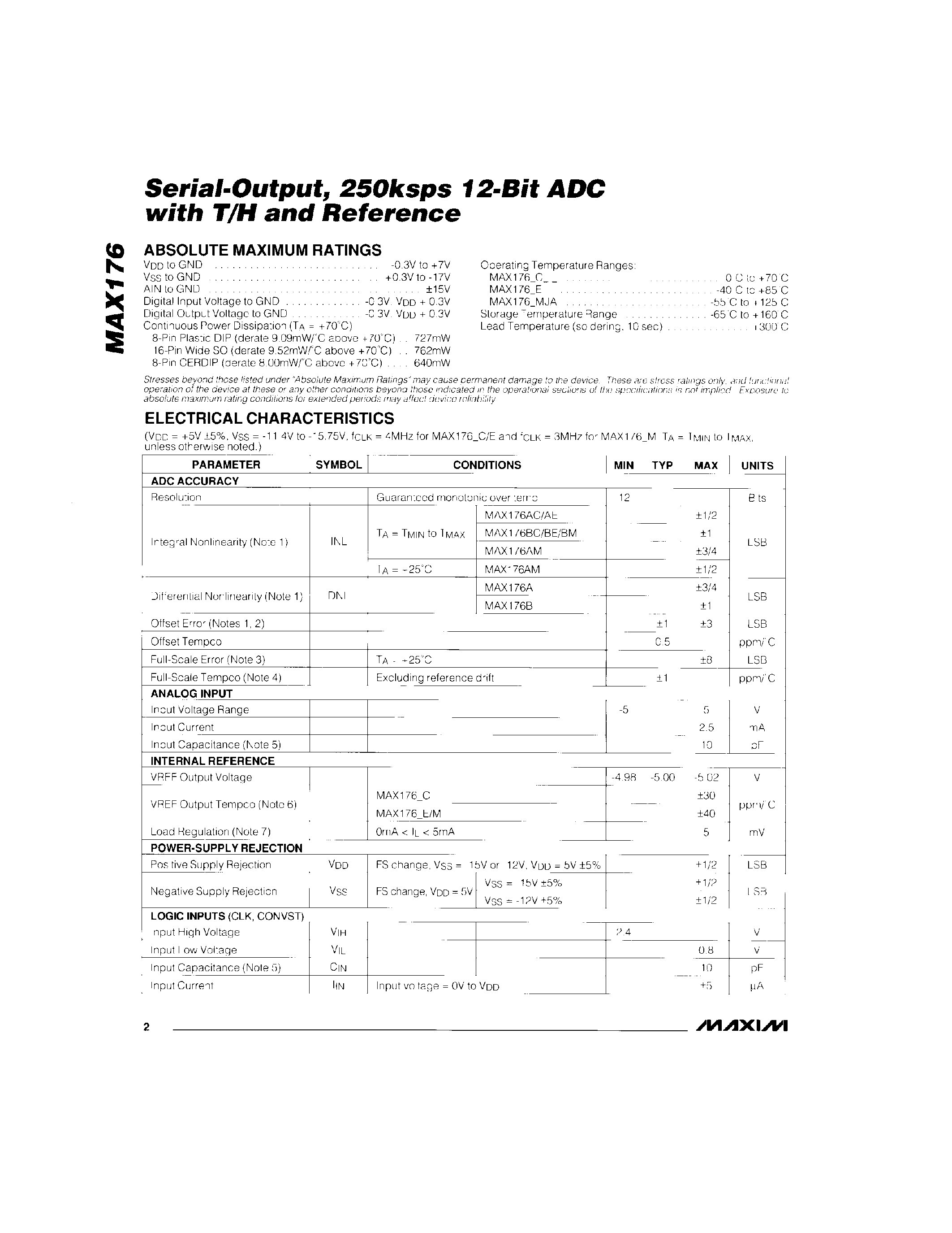 Даташит на микросхему MAX176 страница 2 Даташит MAX176 - Serial-Output / 250Ksps 12-Bit ADC with T/H and Refernce страница 2