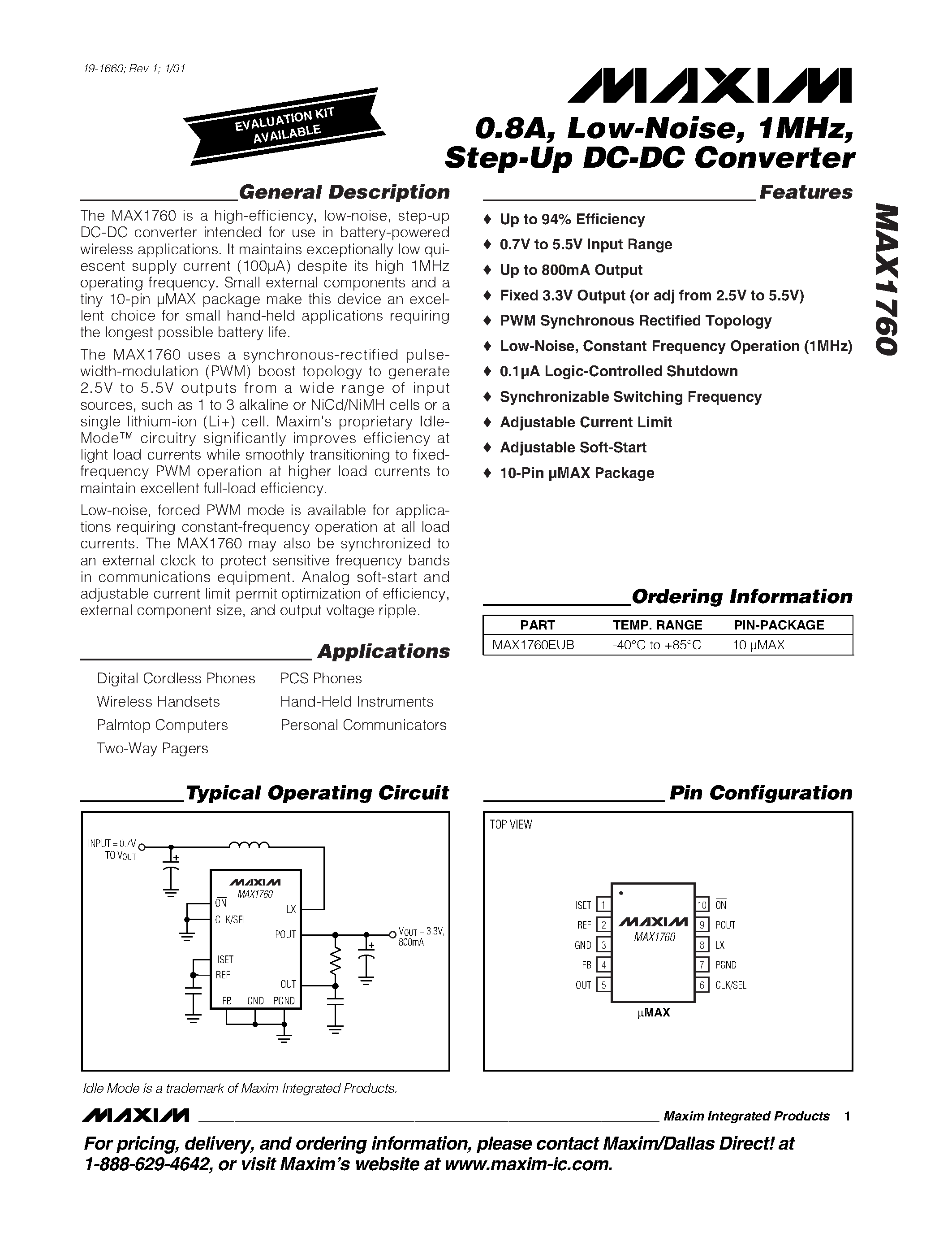 Даташит на микросхему MAX1760 страница 1 Даташит MAX1760 - 0.8A / Low-Noise / 1MHz / Step-Up DC-DC Converter страница 1