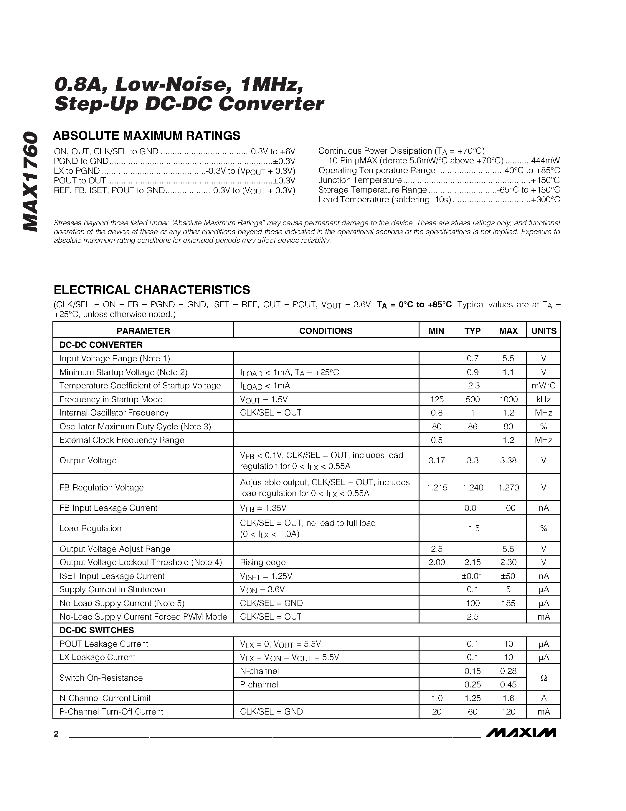 Даташит на микросхему MAX1760 страница 2 Даташит MAX1760 - 0.8A / Low-Noise / 1MHz / Step-Up DC-DC Converter страница 2