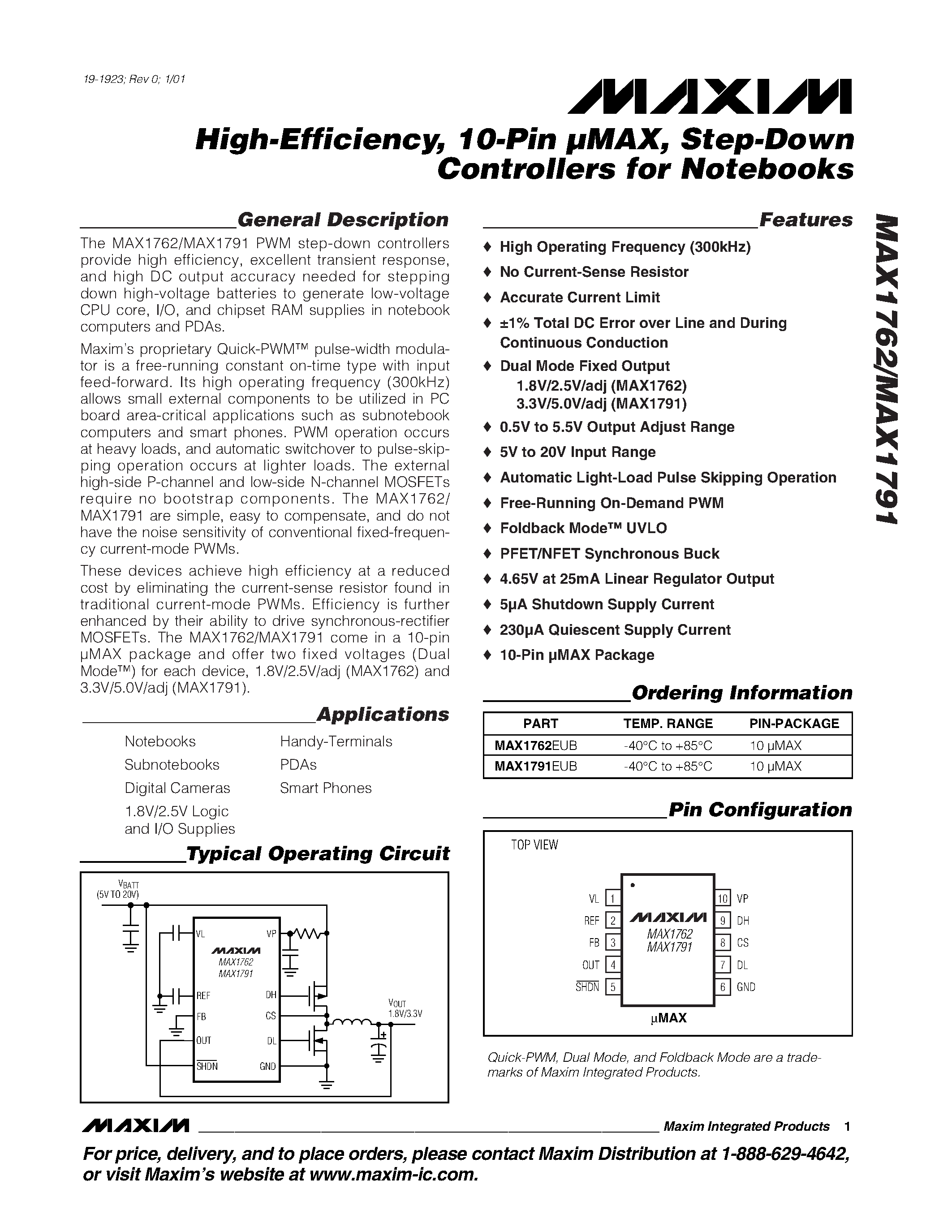 Даташит на микросхему MAX1762 страница 1 Даташит MAX1762 - High-Efficiency / 10-Pin MAX / Step-Down Controllers for Notebooks страница 1