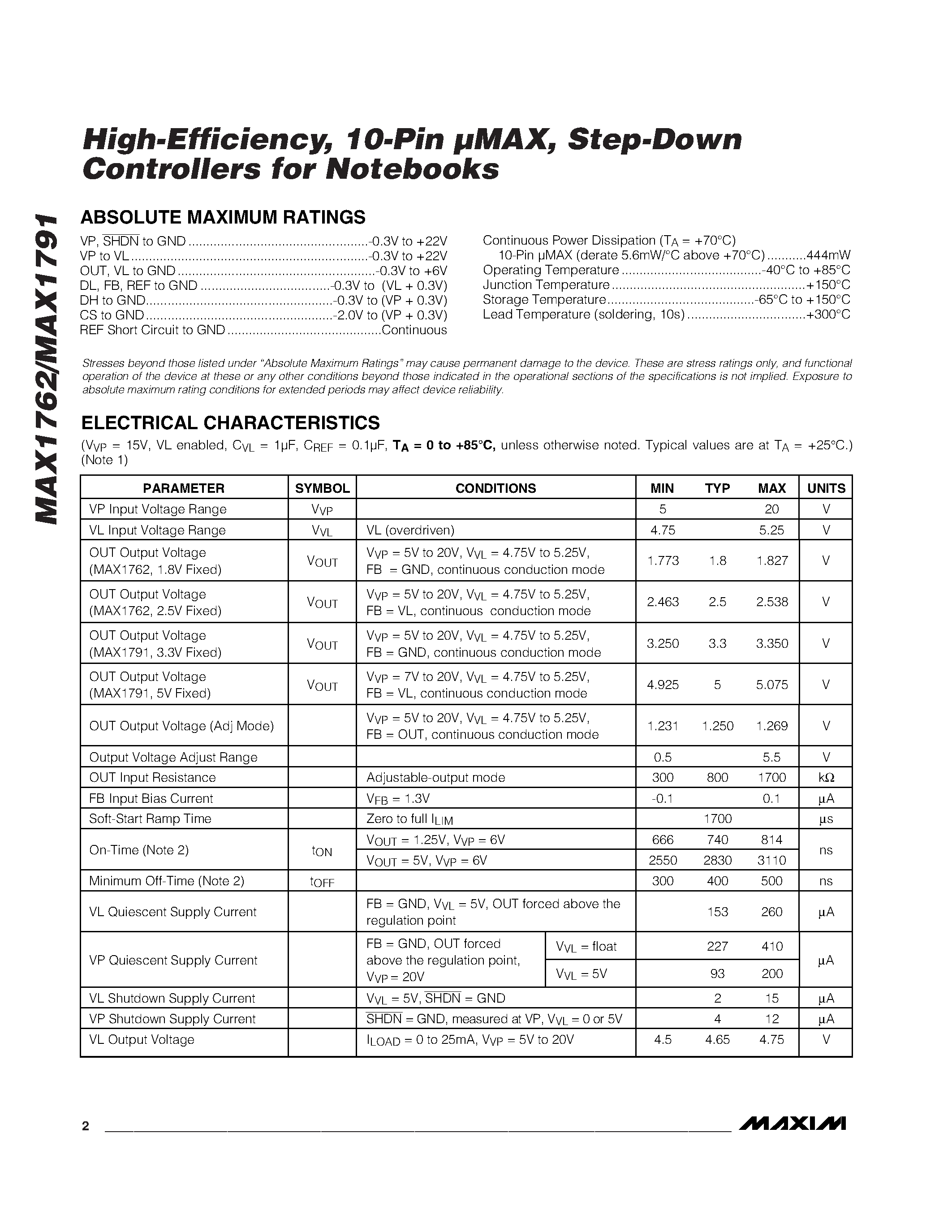 Даташит на микросхему MAX1762 страница 2 Даташит MAX1762 - High-Efficiency / 10-Pin MAX / Step-Down Controllers for Notebooks страница 2