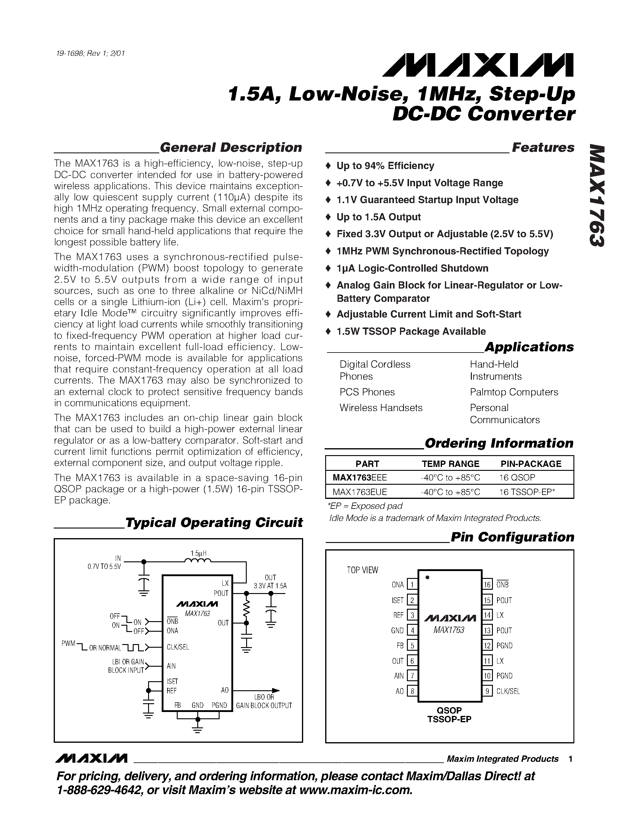 Даташит на микросхему MAX1763 страница 1 Даташит MAX1763 - 1.5A / Low-Noise / 1MHz / Step-Up DC-DC Converter страница 1