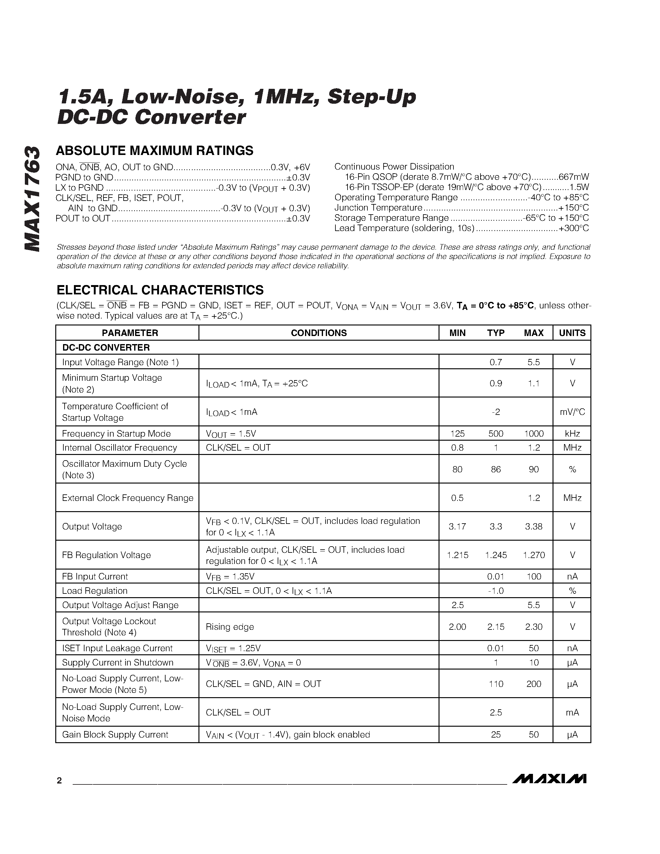 Даташит на микросхему MAX1763 страница 2 Даташит MAX1763 - 1.5A / Low-Noise / 1MHz / Step-Up DC-DC Converter страница 2