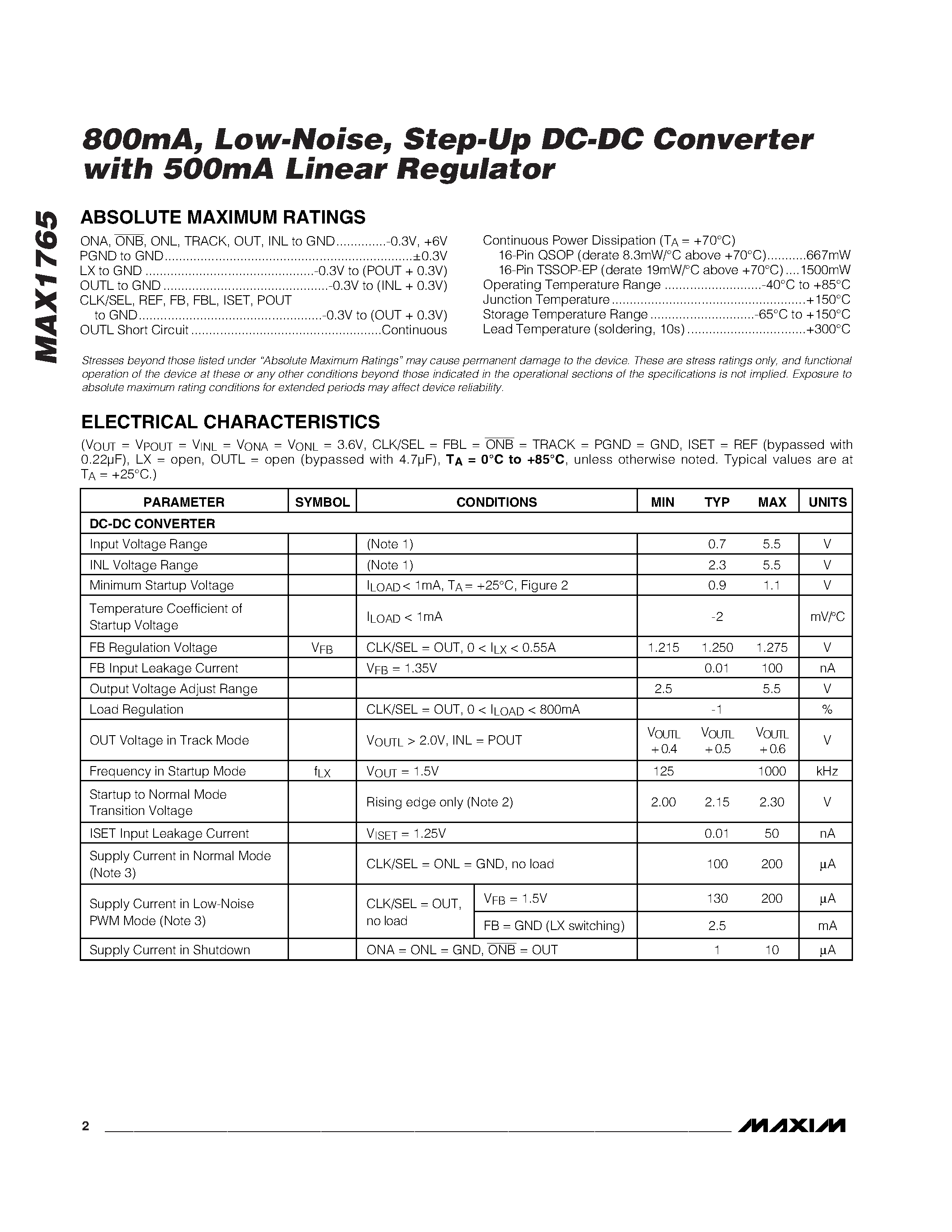 Даташит на микросхему MAX1765 страница 2 Даташит MAX1765 - 800mA / Low-Noise / Step-Up DC-DC Converter with 500mA Linear Regulator страница 2
