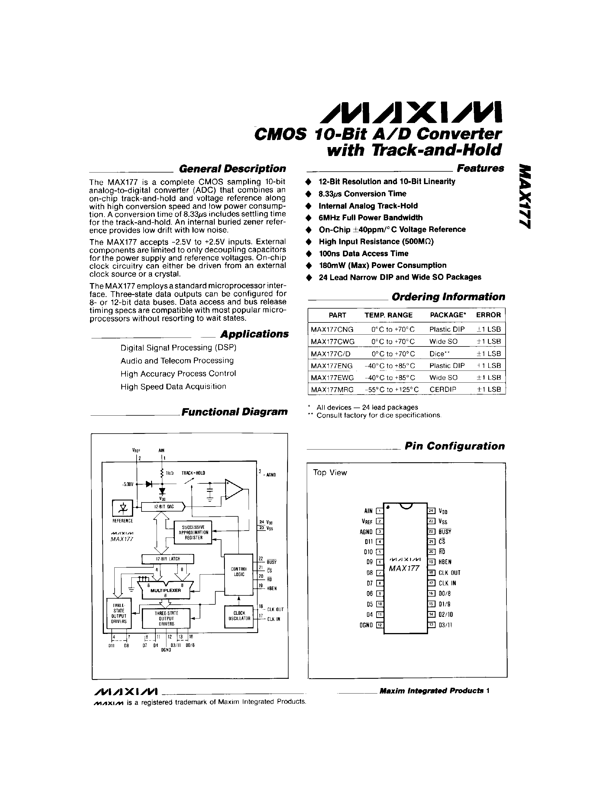 Даташит MAX177 - CMOS 10-Bit A/D Converter with Track-and-Hold страница 1