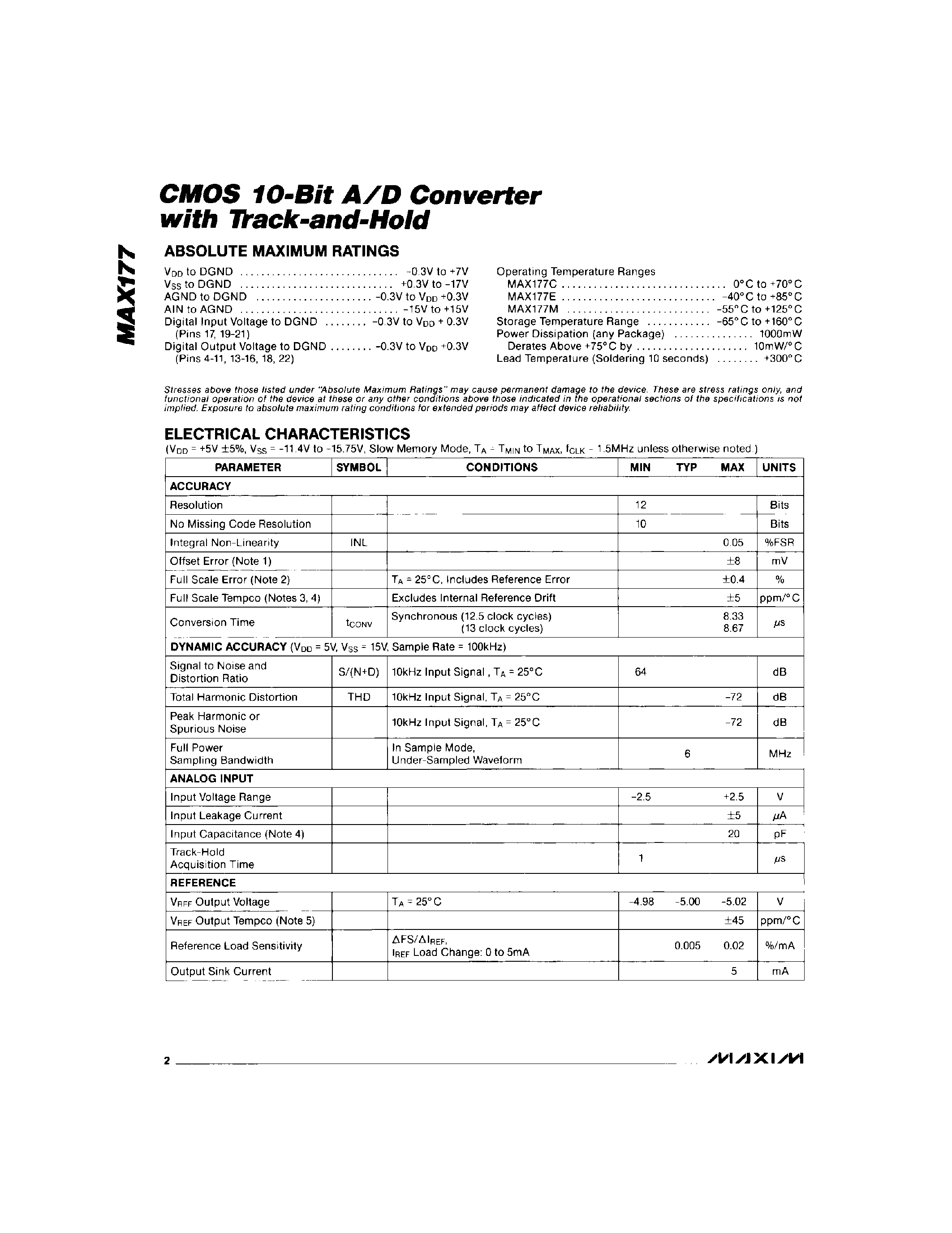Даташит MAX177 - CMOS 10-Bit A/D Converter with Track-and-Hold страница 2