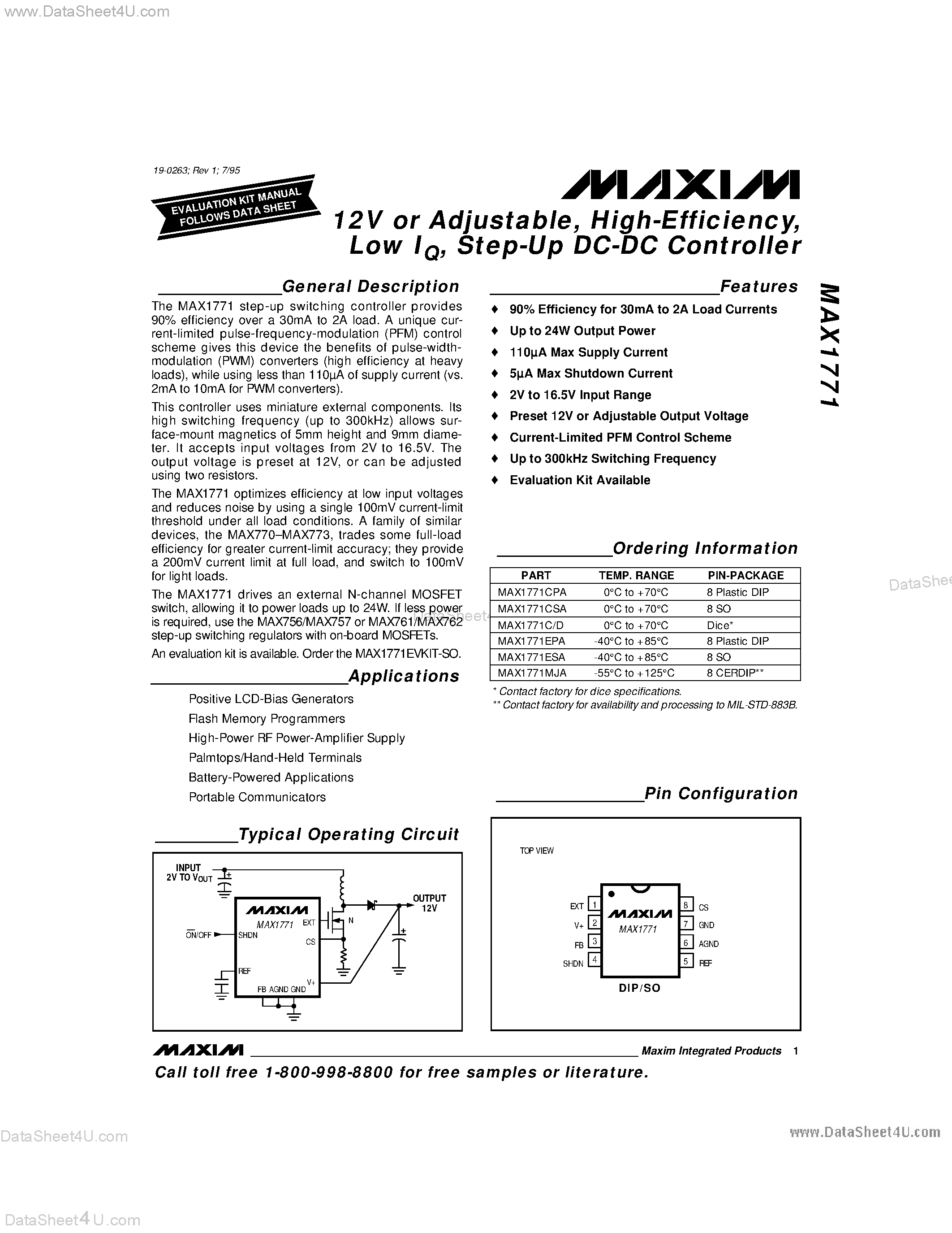 Даташит MAX1771 - 12V or Adjustable / High-Efficiency / Low IQ / Step-Up DC-DC Controller страница 1