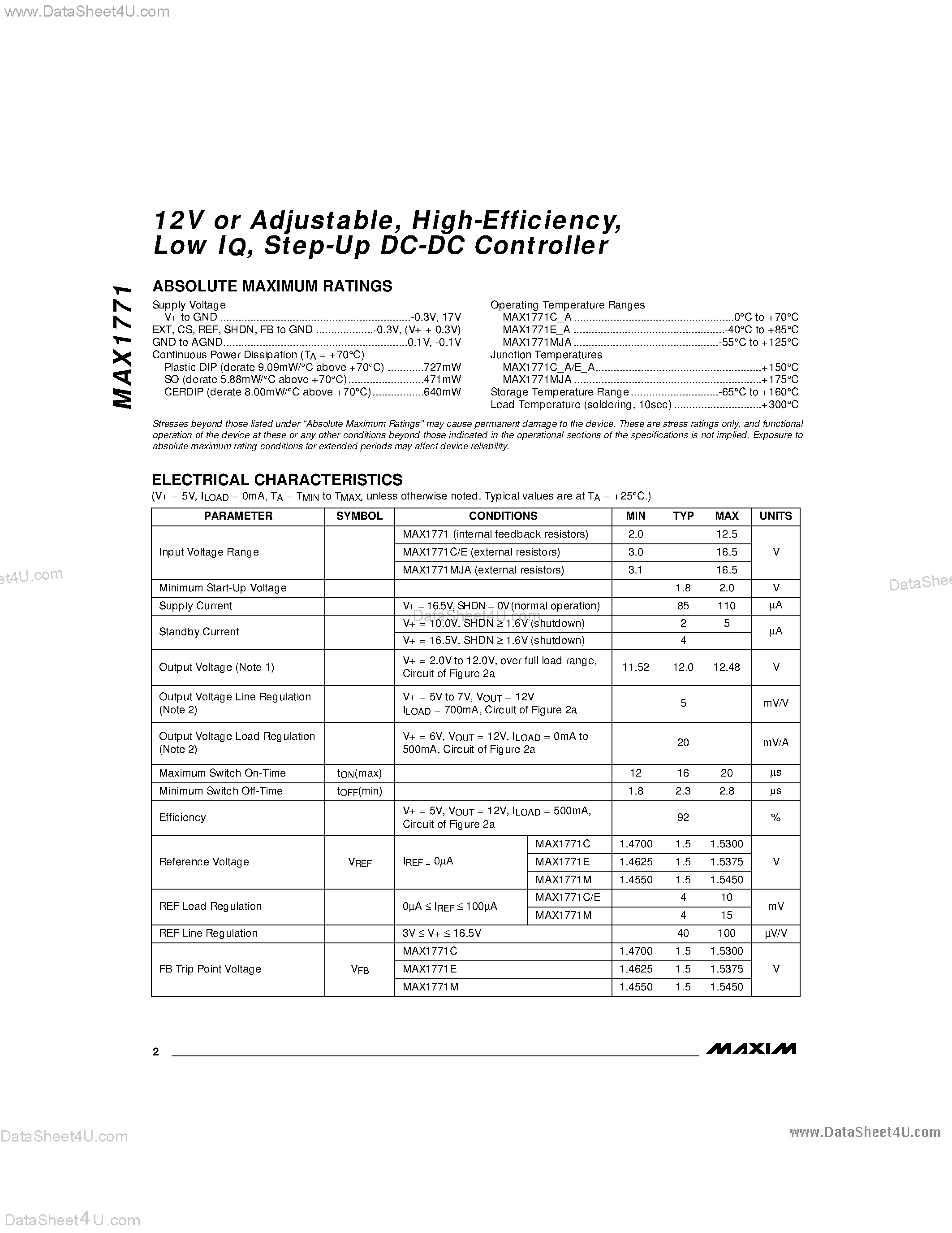 Даташит MAX1771 - 12V or Adjustable / High-Efficiency / Low IQ / Step-Up DC-DC Controller страница 2