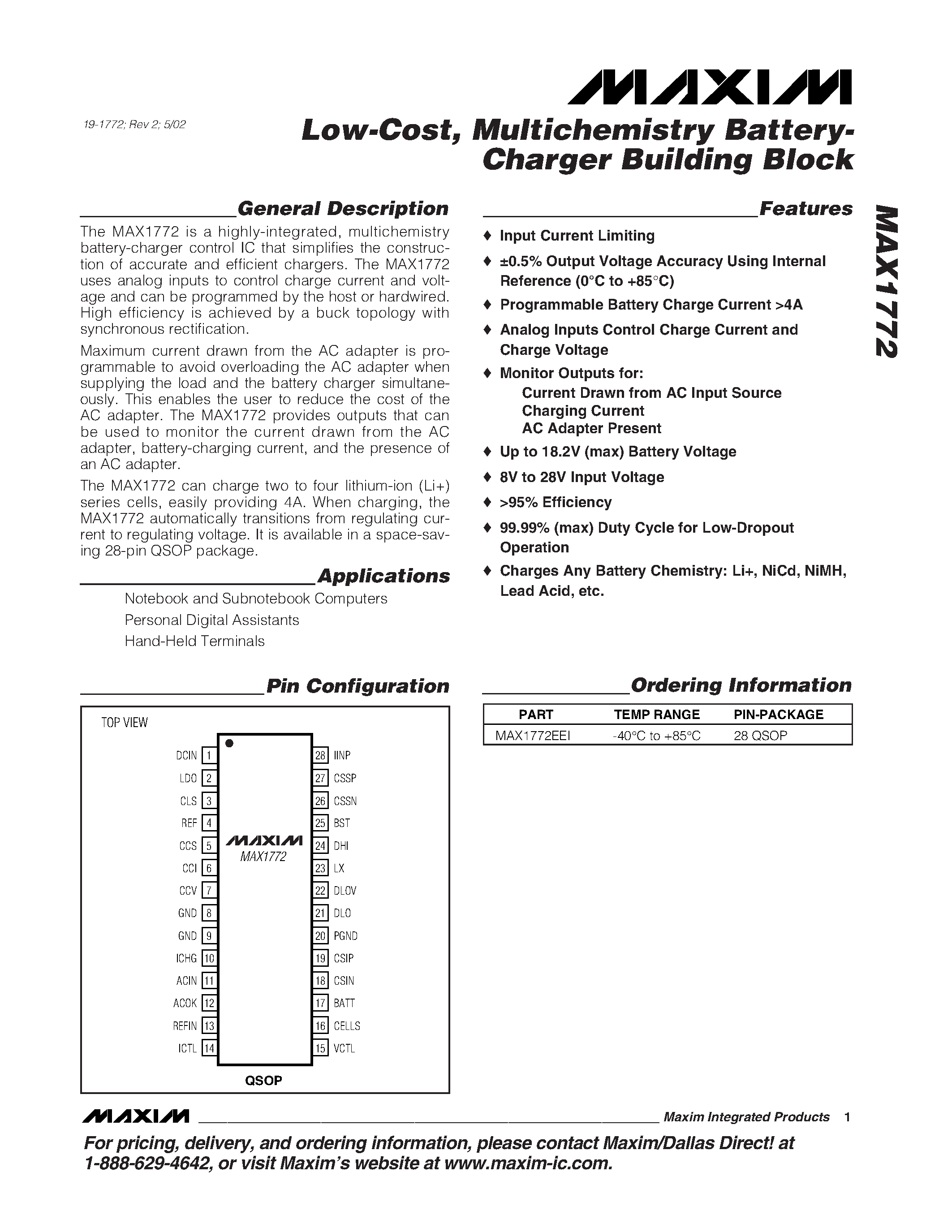 Datasheet MAX1772 - Low-Cost / Multichemistry Battery- Charger Building Block page 1