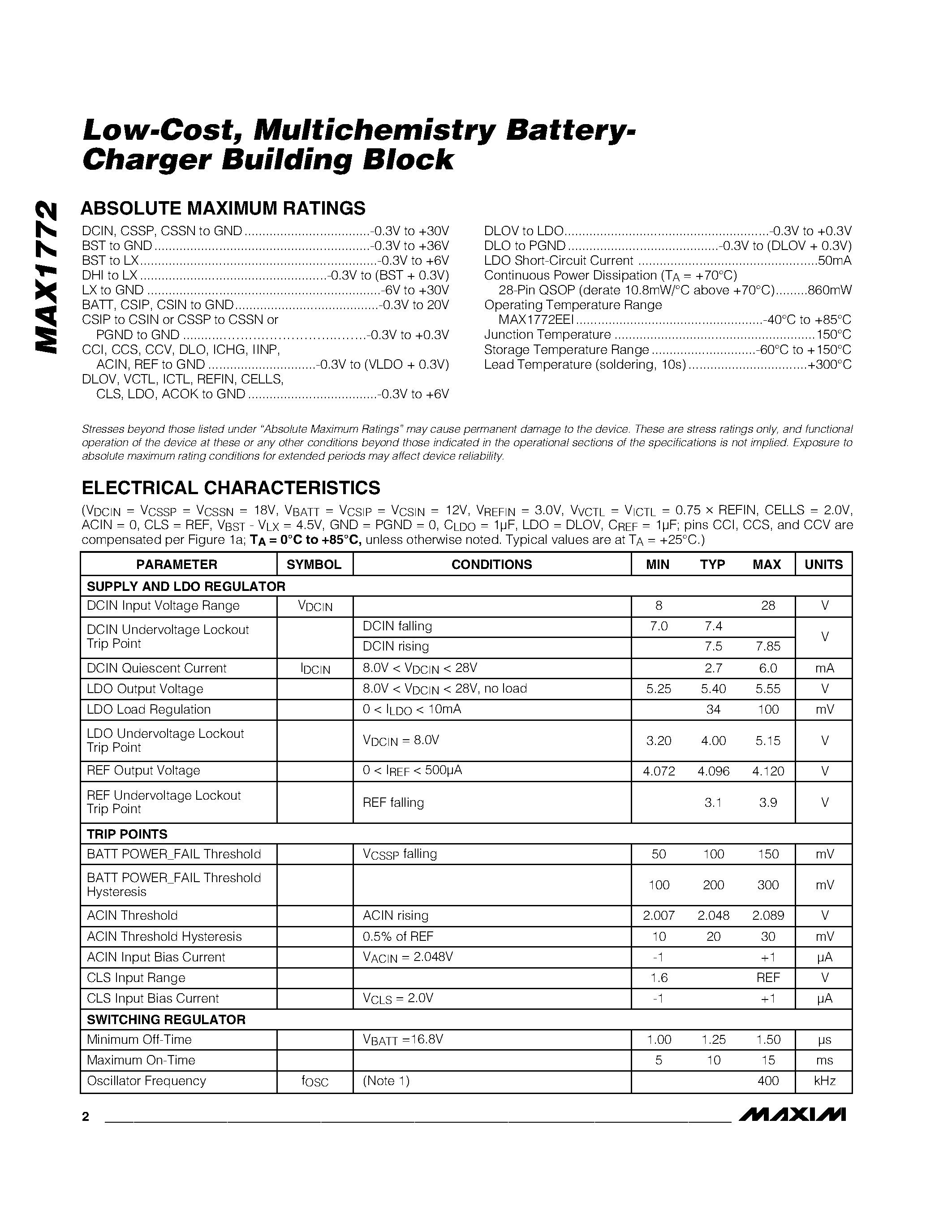 Datasheet MAX1772 - Low-Cost / Multichemistry Battery- Charger Building Block page 2