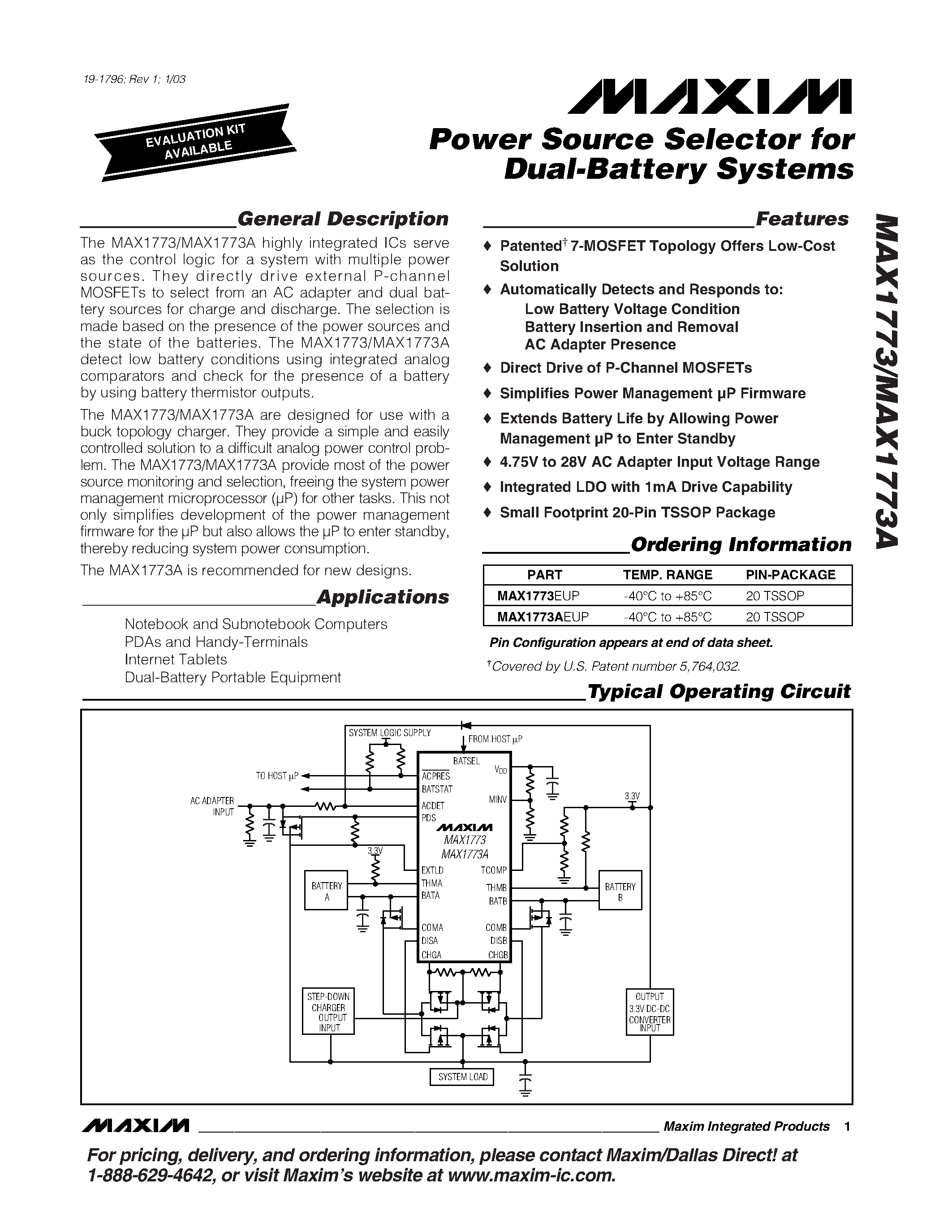 Datasheet MAX1773 - Power Source Selector for Dual-Battery Systems page 1