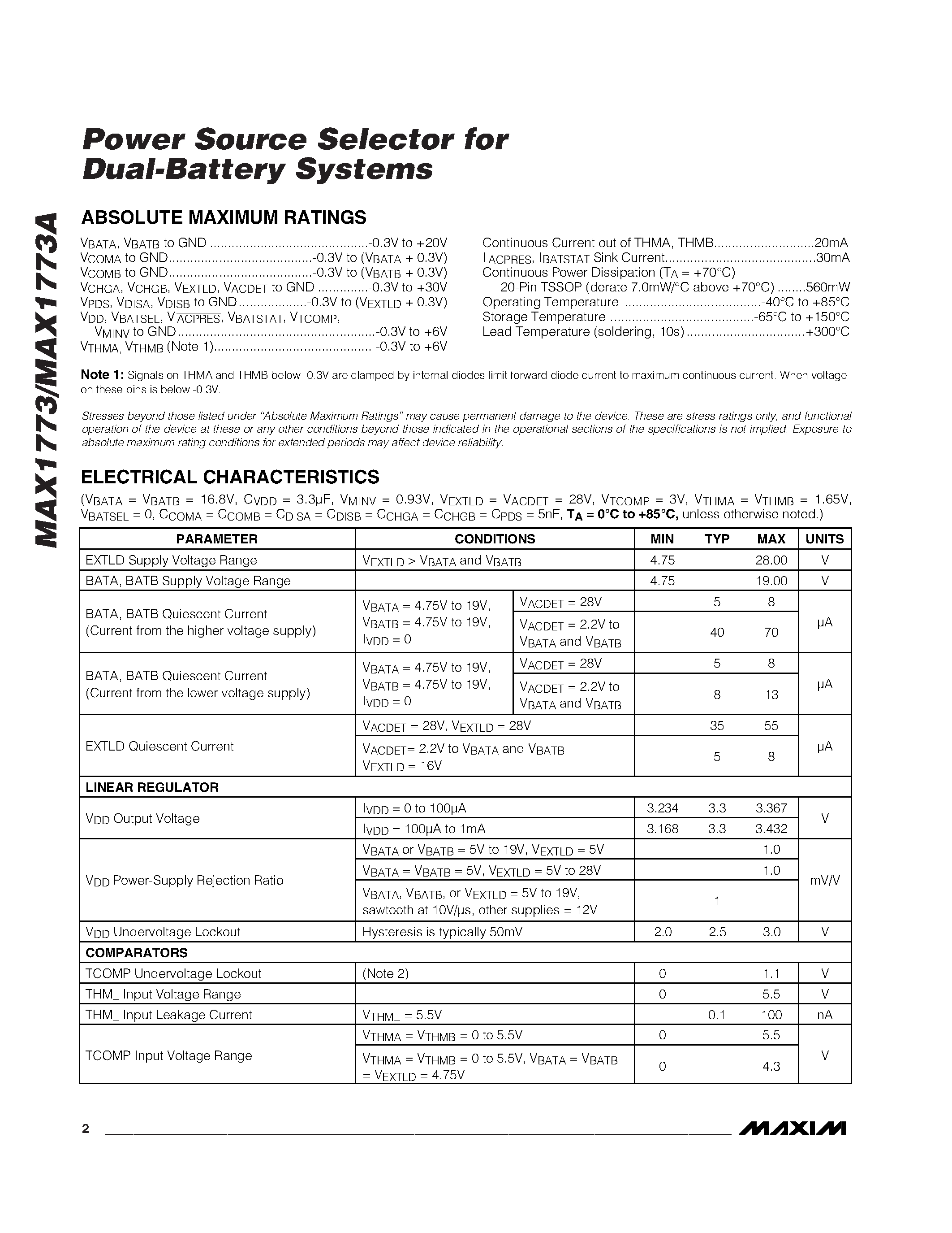 Datasheet MAX1773 - Power Source Selector for Dual-Battery Systems page 2