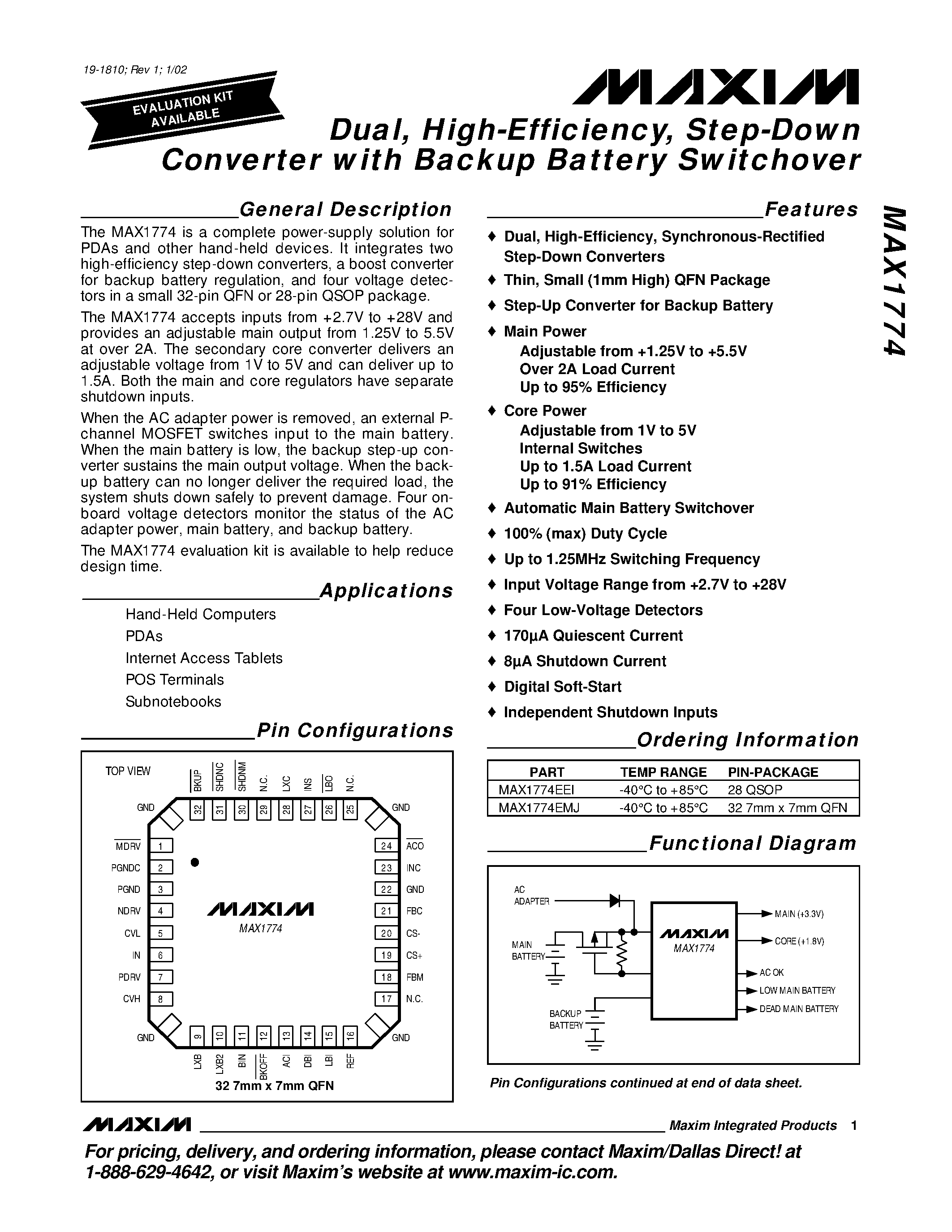 Даташит MAX1774 - Dual / High-Efficiency / Step-Down Converter with Backup Battery Switchover страница 1