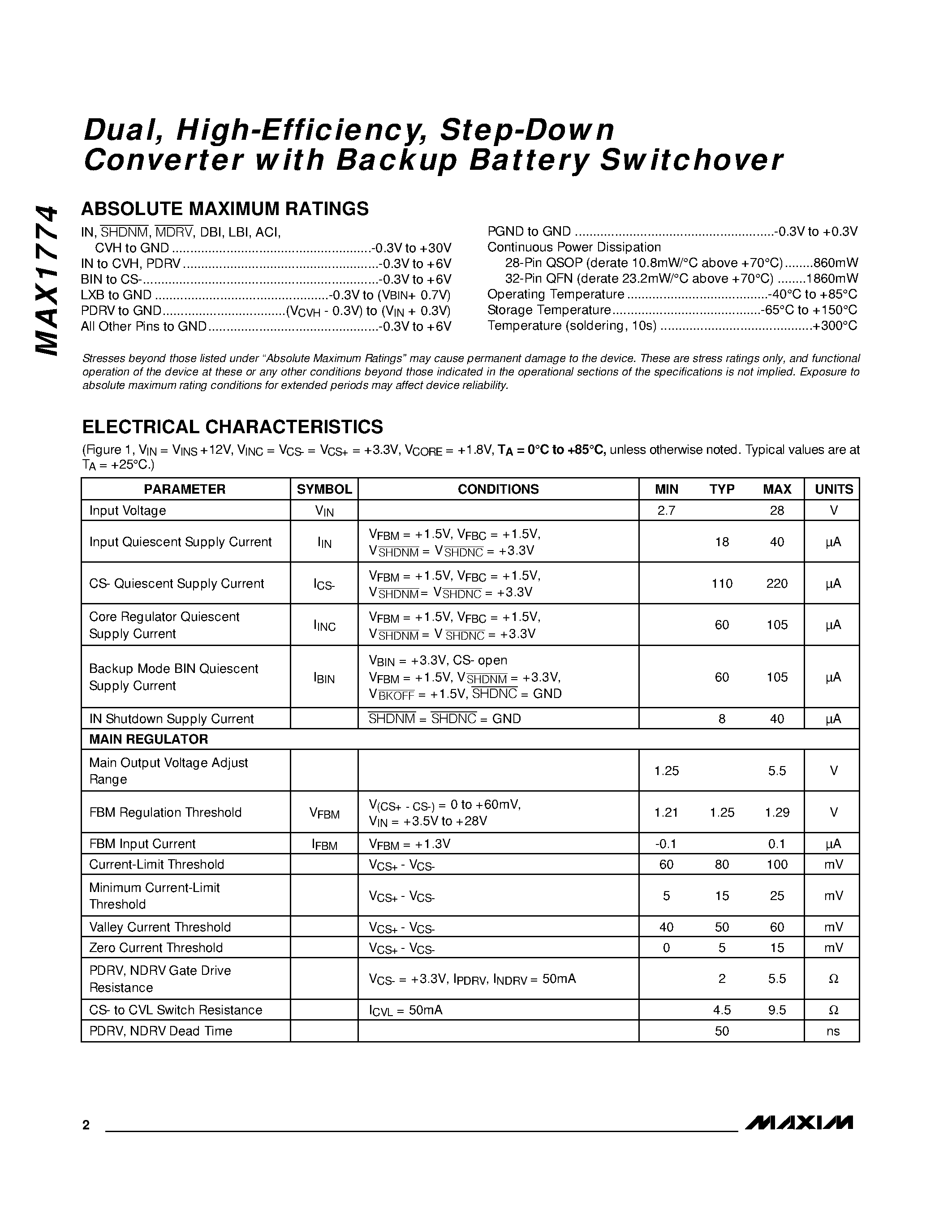 Даташит MAX1774 - Dual / High-Efficiency / Step-Down Converter with Backup Battery Switchover страница 2