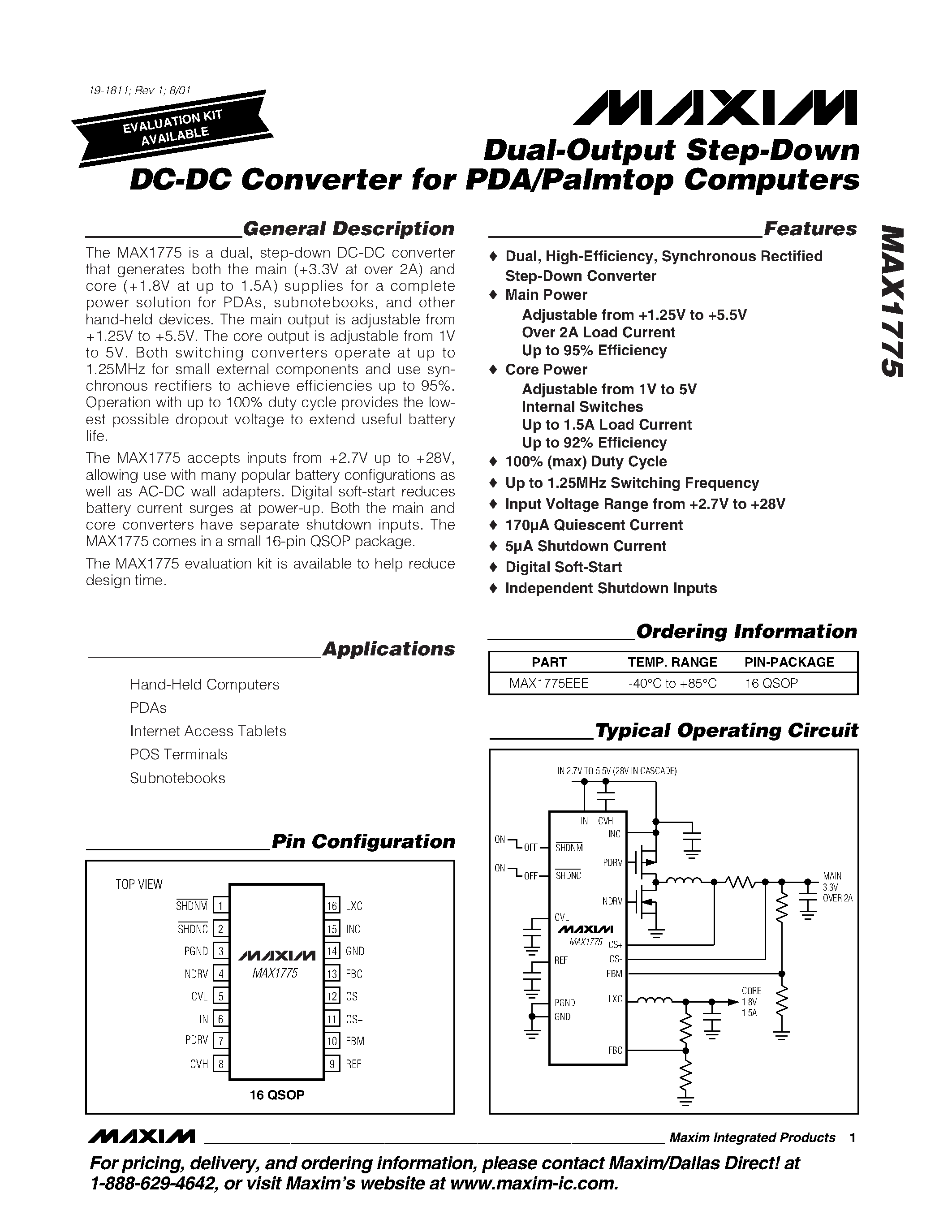 Даташит на микросхему MAX1775 страница 1 Даташит MAX1775 - Dual-Output Step-Down DC-DC Converter for PDA/Palmtop Computers страница 1