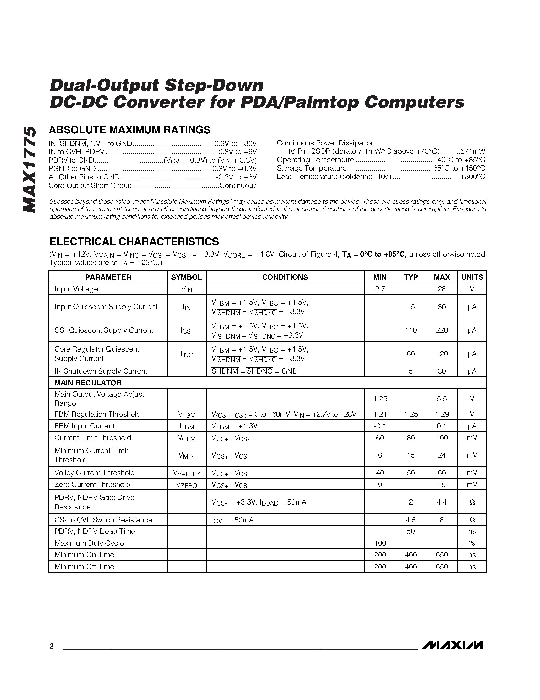 Даташит на микросхему MAX1775 страница 2 Даташит MAX1775 - Dual-Output Step-Down DC-DC Converter for PDA/Palmtop Computers страница 2