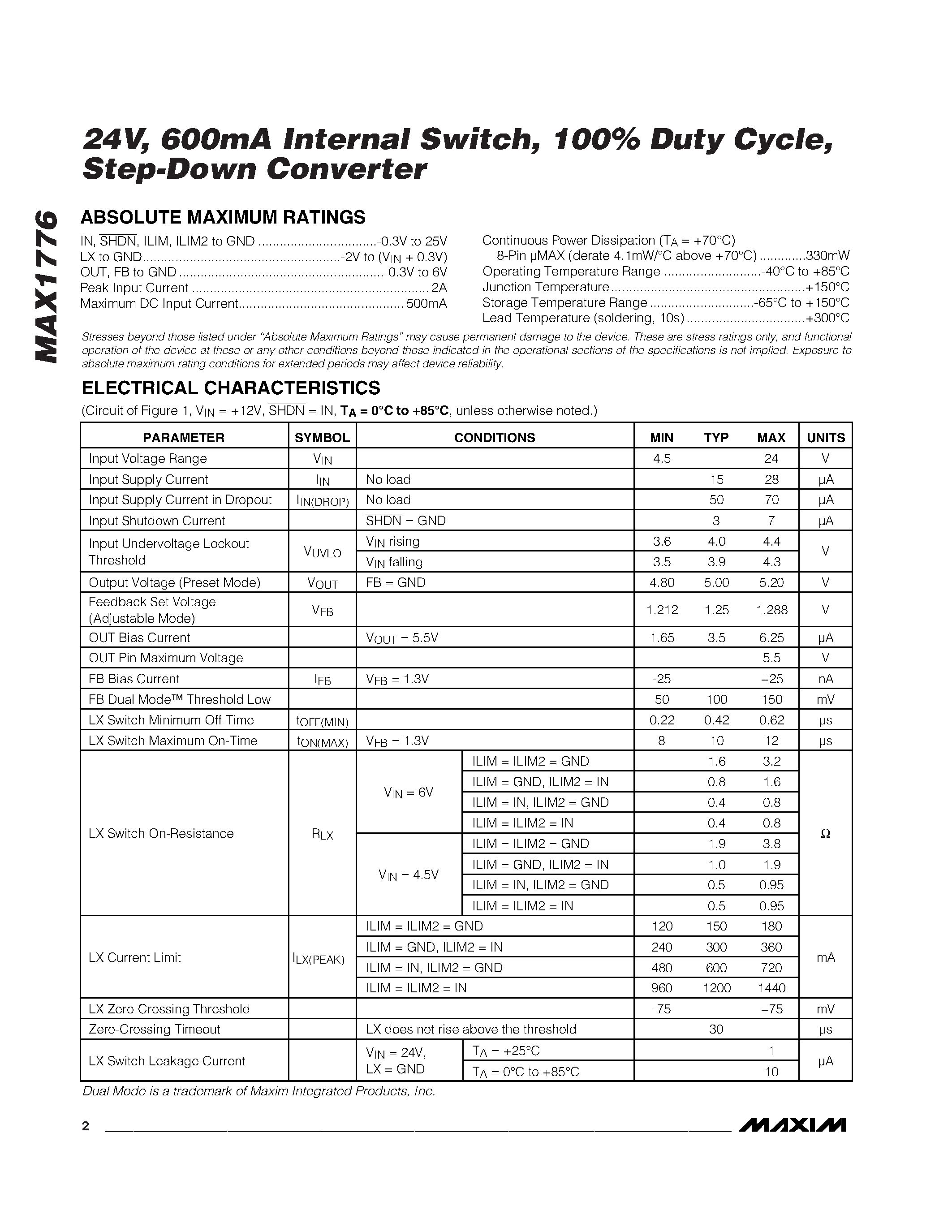 Даташит на микросхему MAX1776 страница 2 Даташит MAX1776 - 24V / 600mA Internal Switch / 100% Duty Cycle / Step-Down Converter страница 2