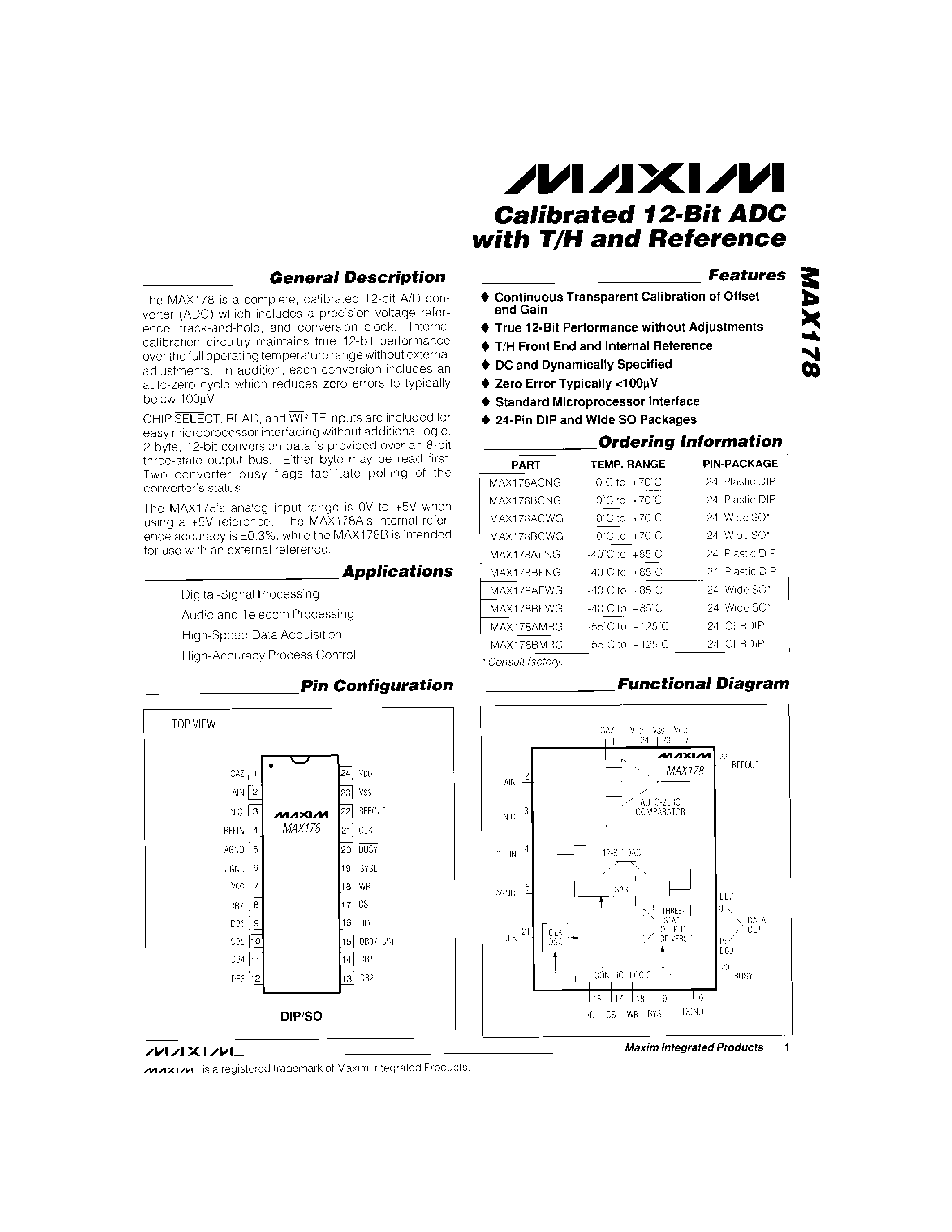 Даташит на микросхему MAX178 страница 1 Даташит MAX178 - Calibrated 12-Bit ADC with T/H and Reference страница 1