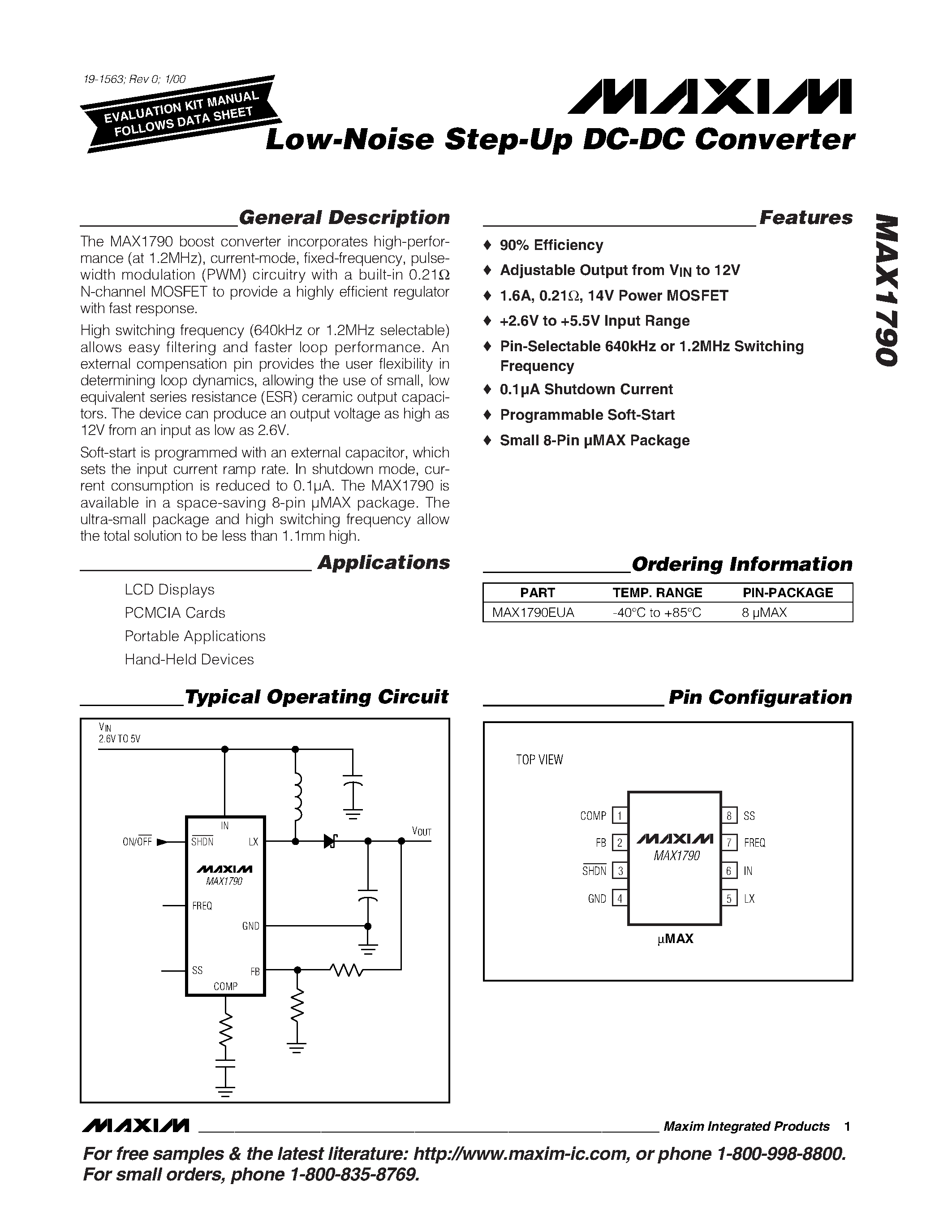 Даташит на микросхему MAX1790 страница 1 Даташит MAX1790 - Low-Noise Step-Up DC-DC Converter страница 1