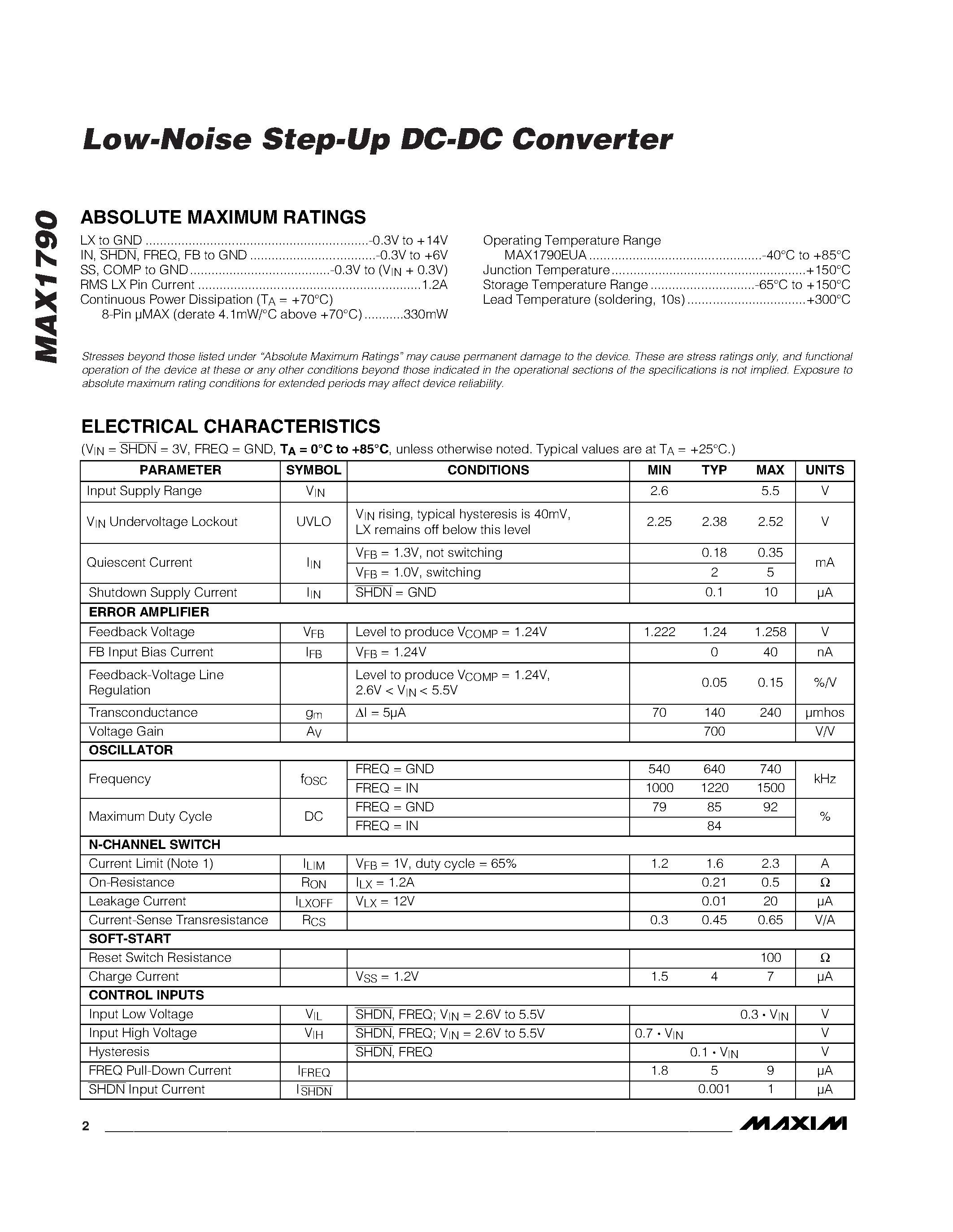 Даташит на микросхему MAX1790 страница 2 Даташит MAX1790 - Low-Noise Step-Up DC-DC Converter страница 2