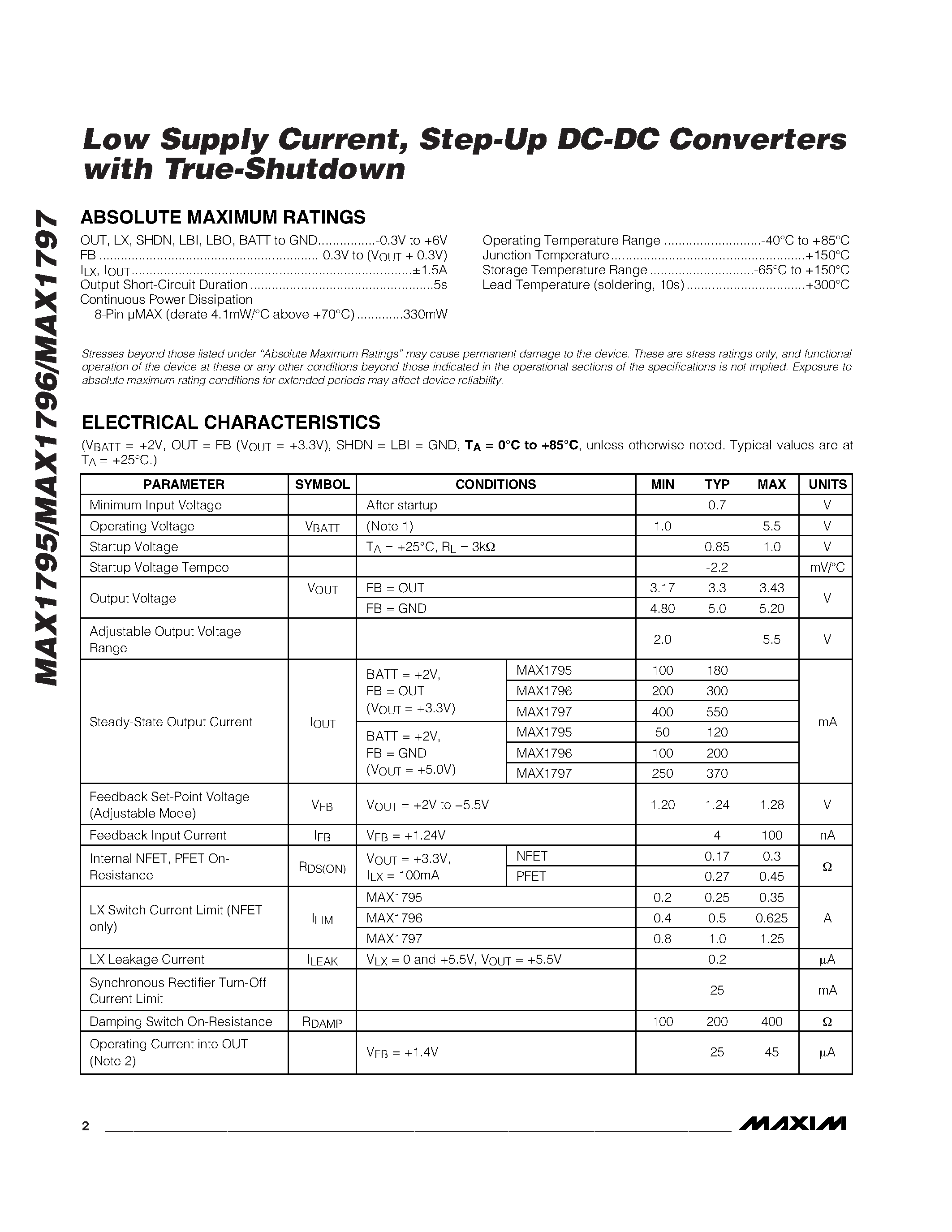 Datasheet MAX1795 - Low Supply Current / Step-Up DC-DC Converters with True-Shutdown page 2