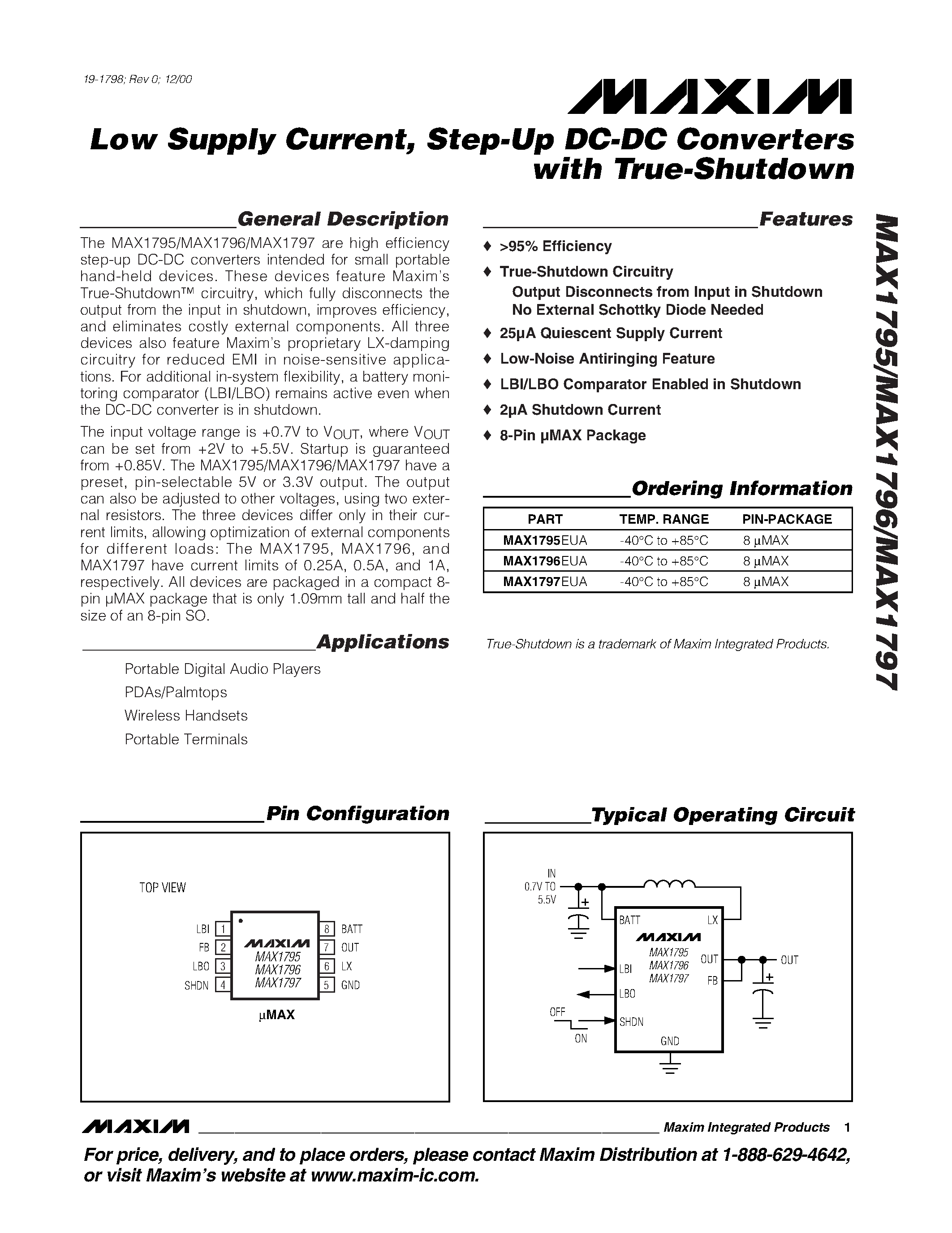 Даташит на микросхему MAX1797 страница 1 Даташит MAX1797 - Low Supply Current / Step-Up DC-DC Converters with True-Shutdown страница 1