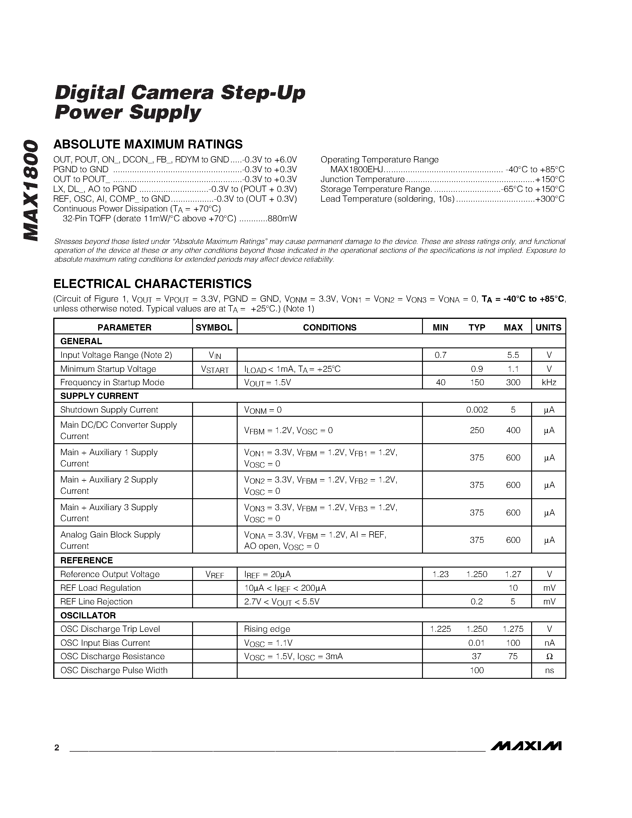 Datasheet MAX1800 - Digital Camera Step-Up Power Supply page 2