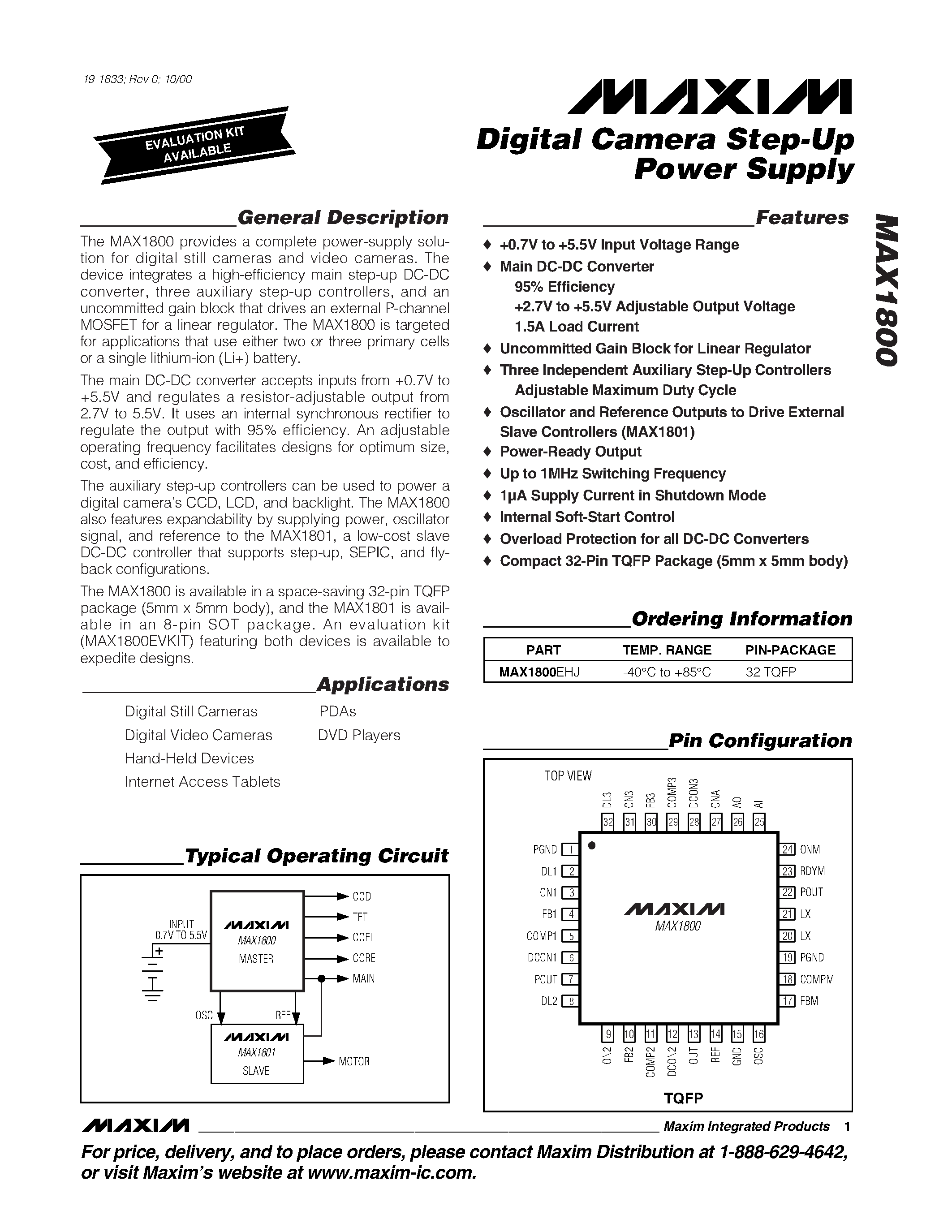 Datasheet MAX1800EHJ - Digital Camera Step-Up Power Supply page 1