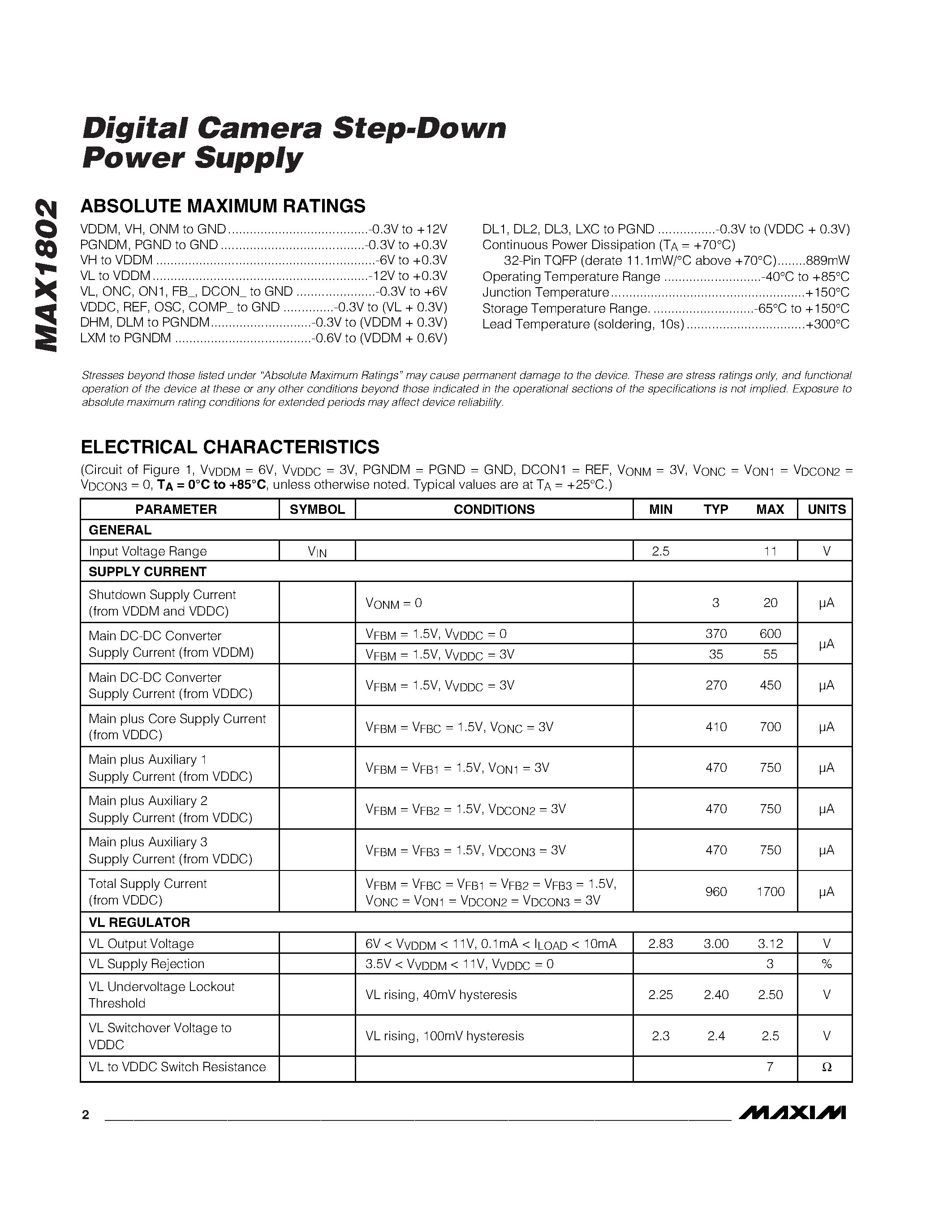 Datasheet MAX1802 - Digital Camera Step-Down Power Supply page 2