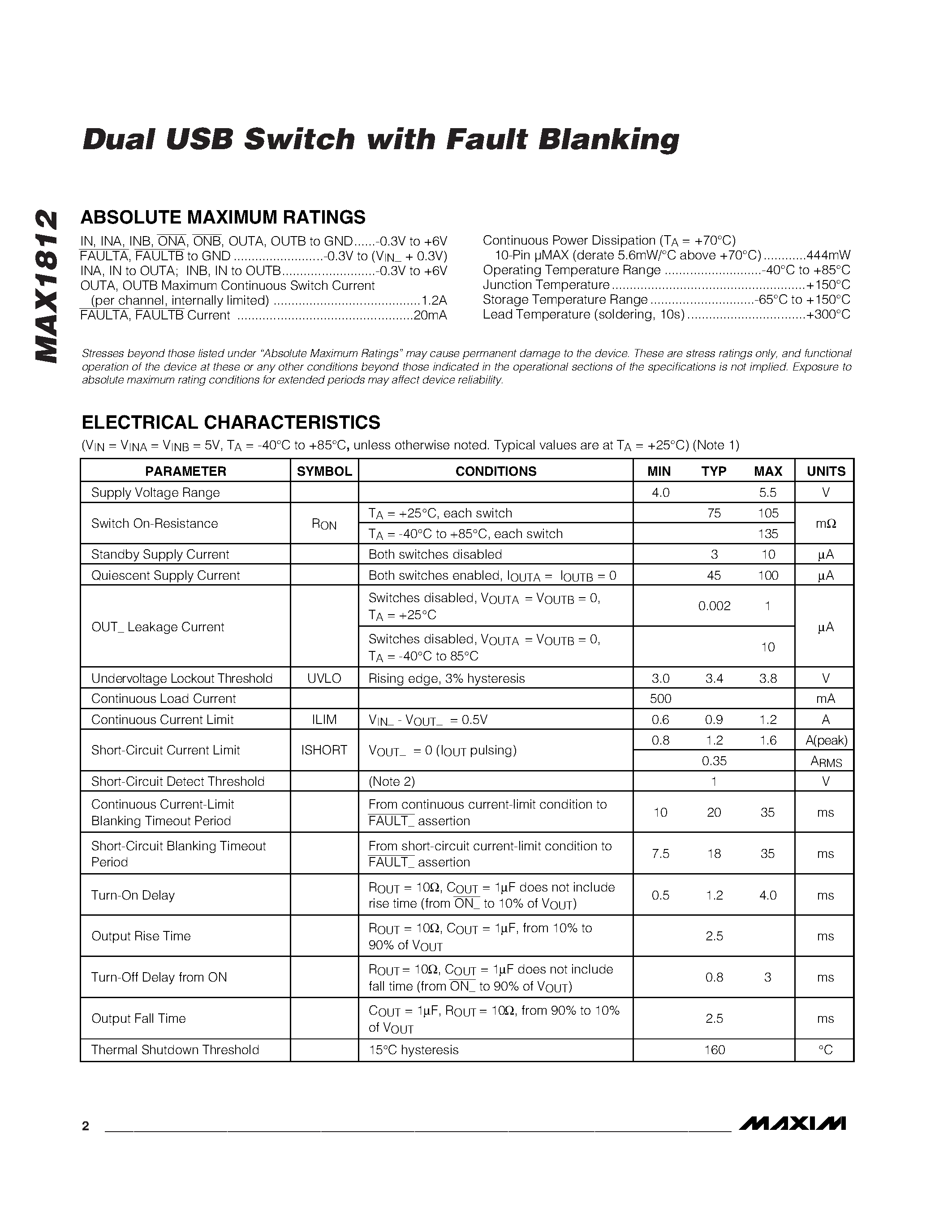 Datasheet MAX1812 page 2 Datasheet MAX1812 - Dual USB Switch with Fault Blanking page 2