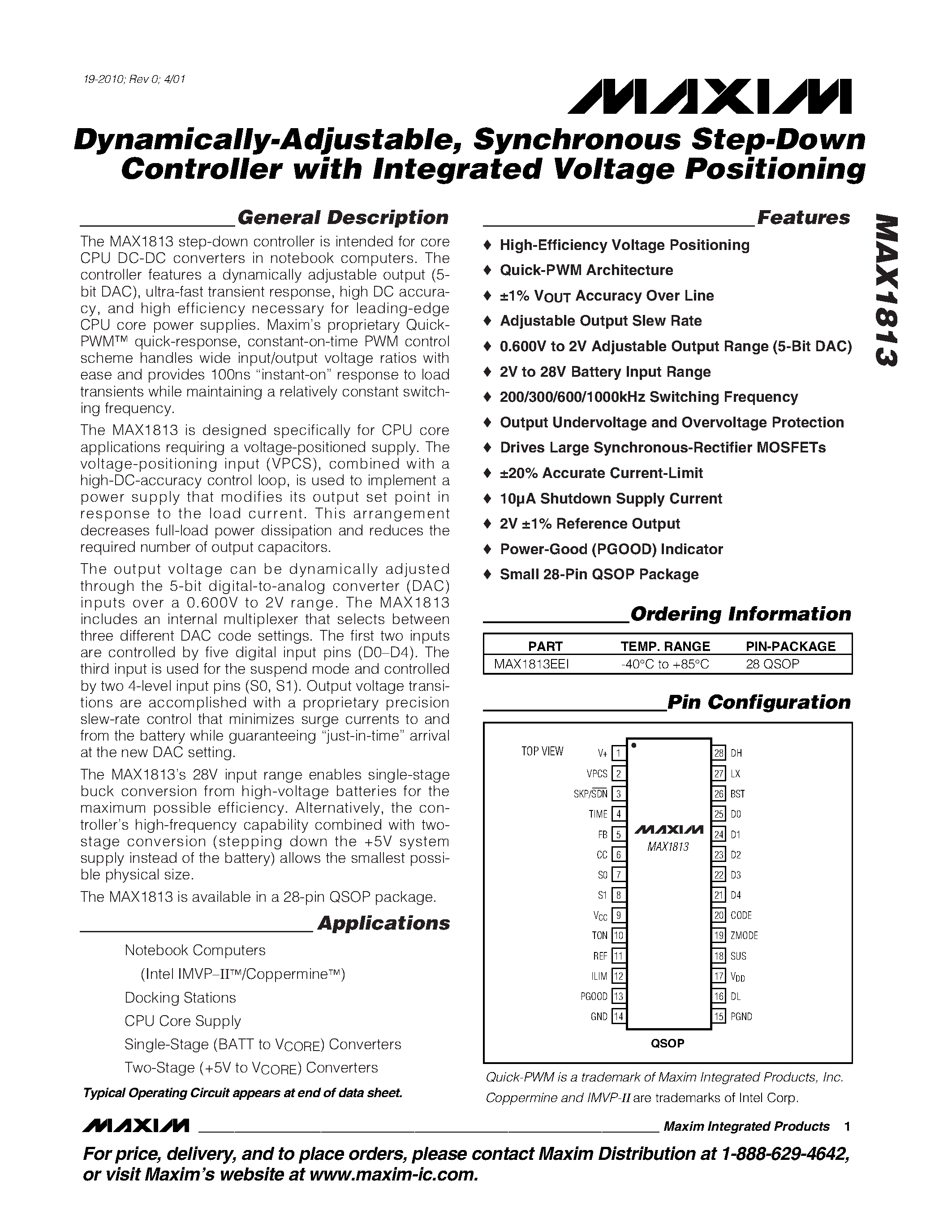 Datasheet MAX1813 - Dynamically-Adjustable / Synchronous Step-Down Controller with Integrated Voltage Positioning page 1