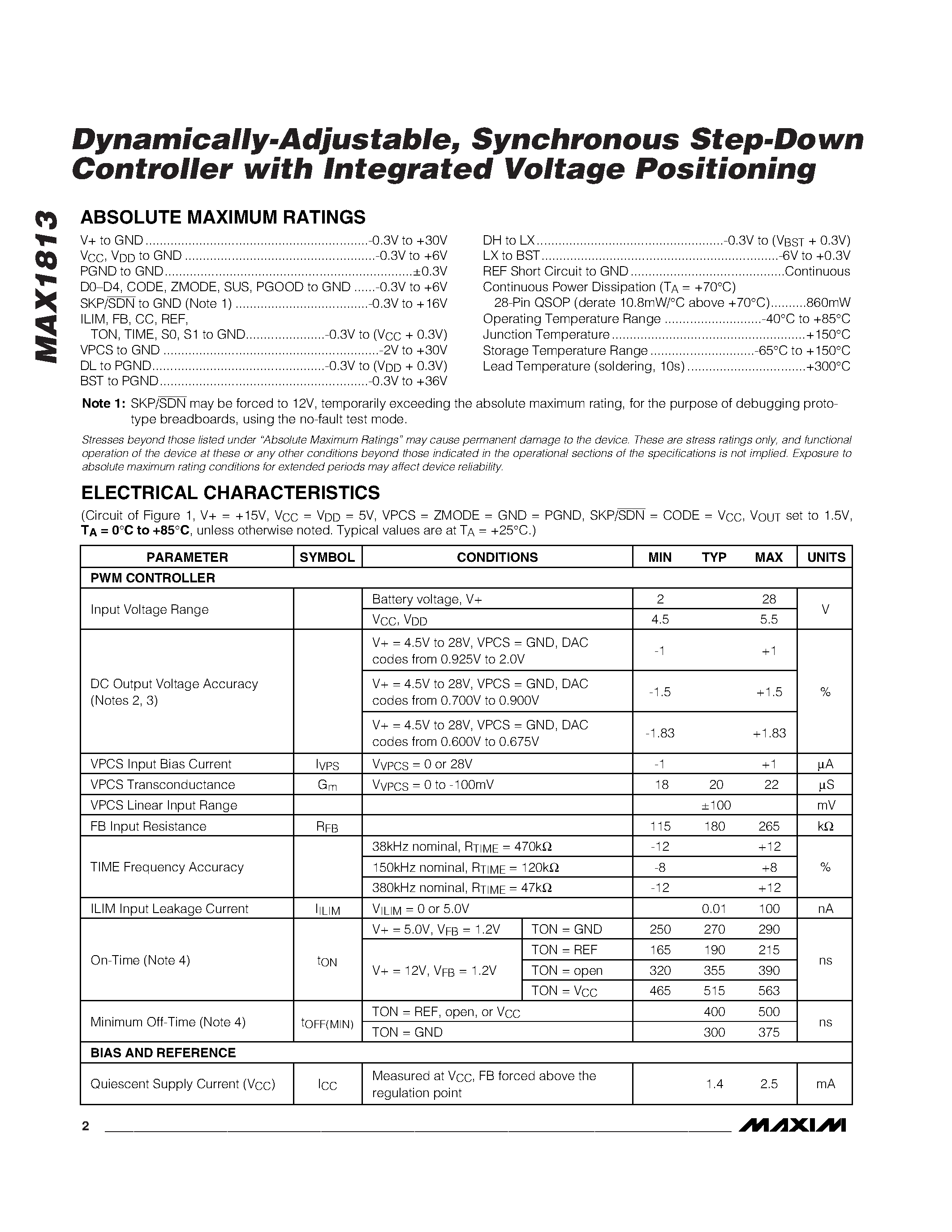 Datasheet MAX1813EEI - Dynamically-Adjustable / Synchronous Step-Down Controller with Integrated Voltage Positioning page 2