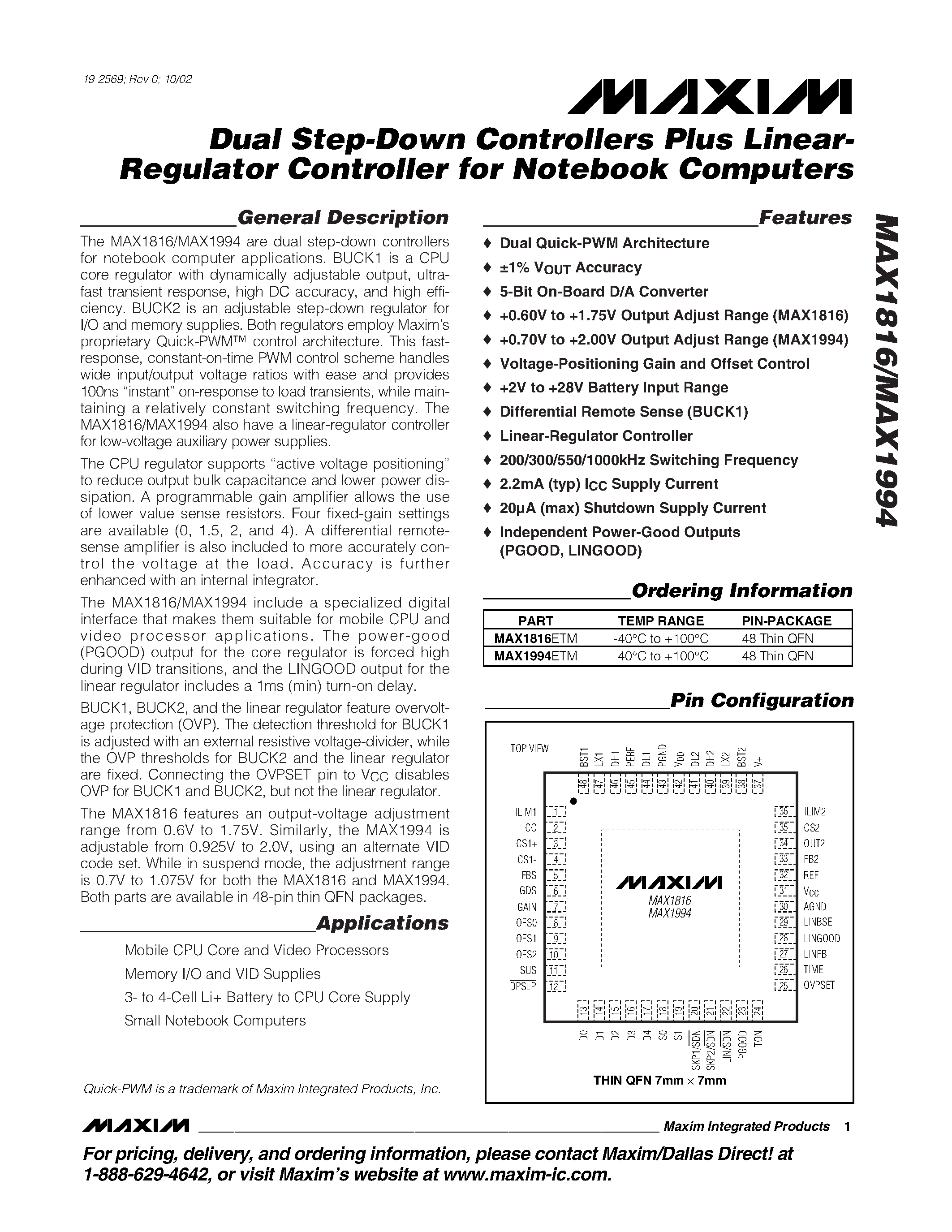 Datasheet MAX1816 - Dual Step-Down Controllers Plus Linear- Regulator Controller for Notebook Computers page 1