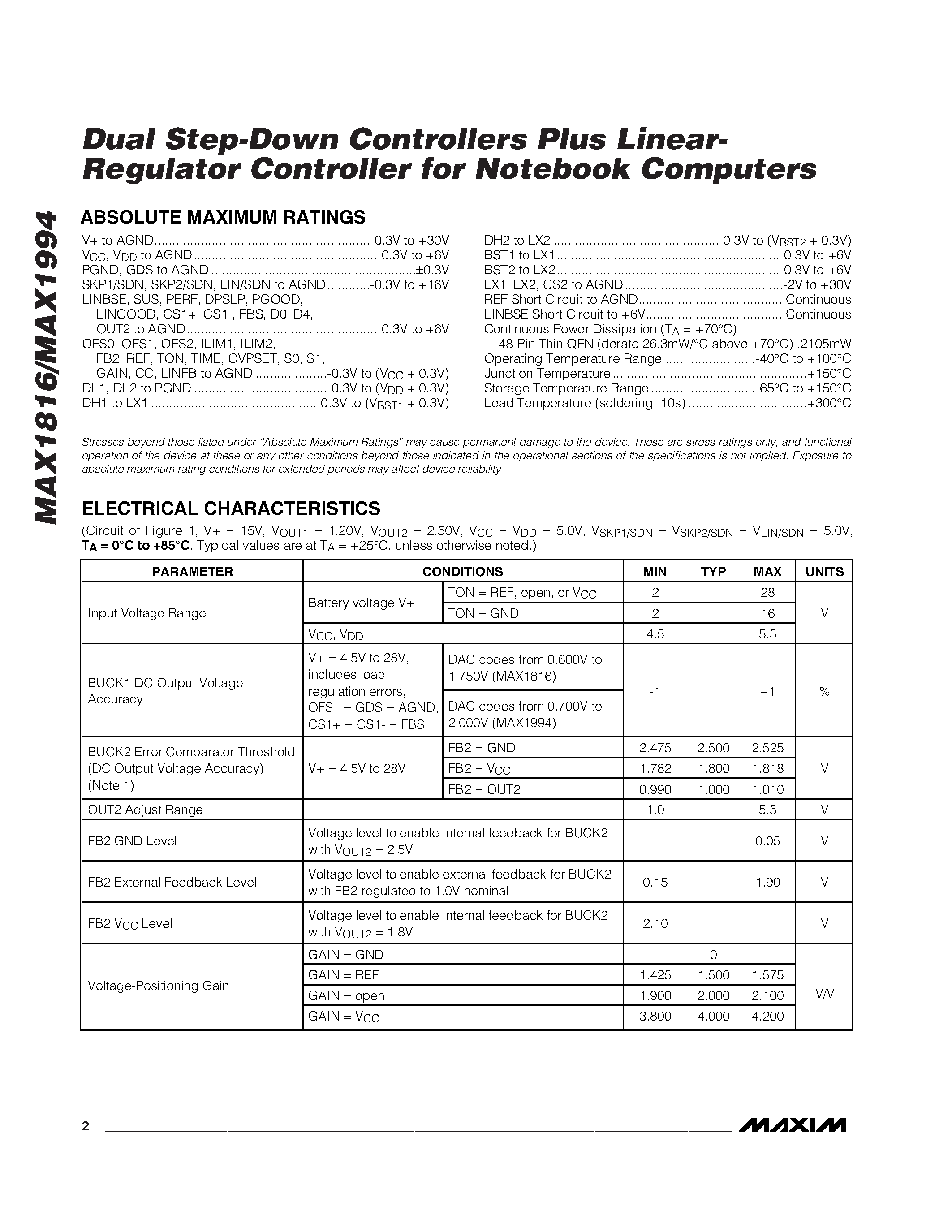 Datasheet MAX1816ETM - Dual Step-Down Controllers Plus Linear- Regulator Controller for Notebook Computers page 2