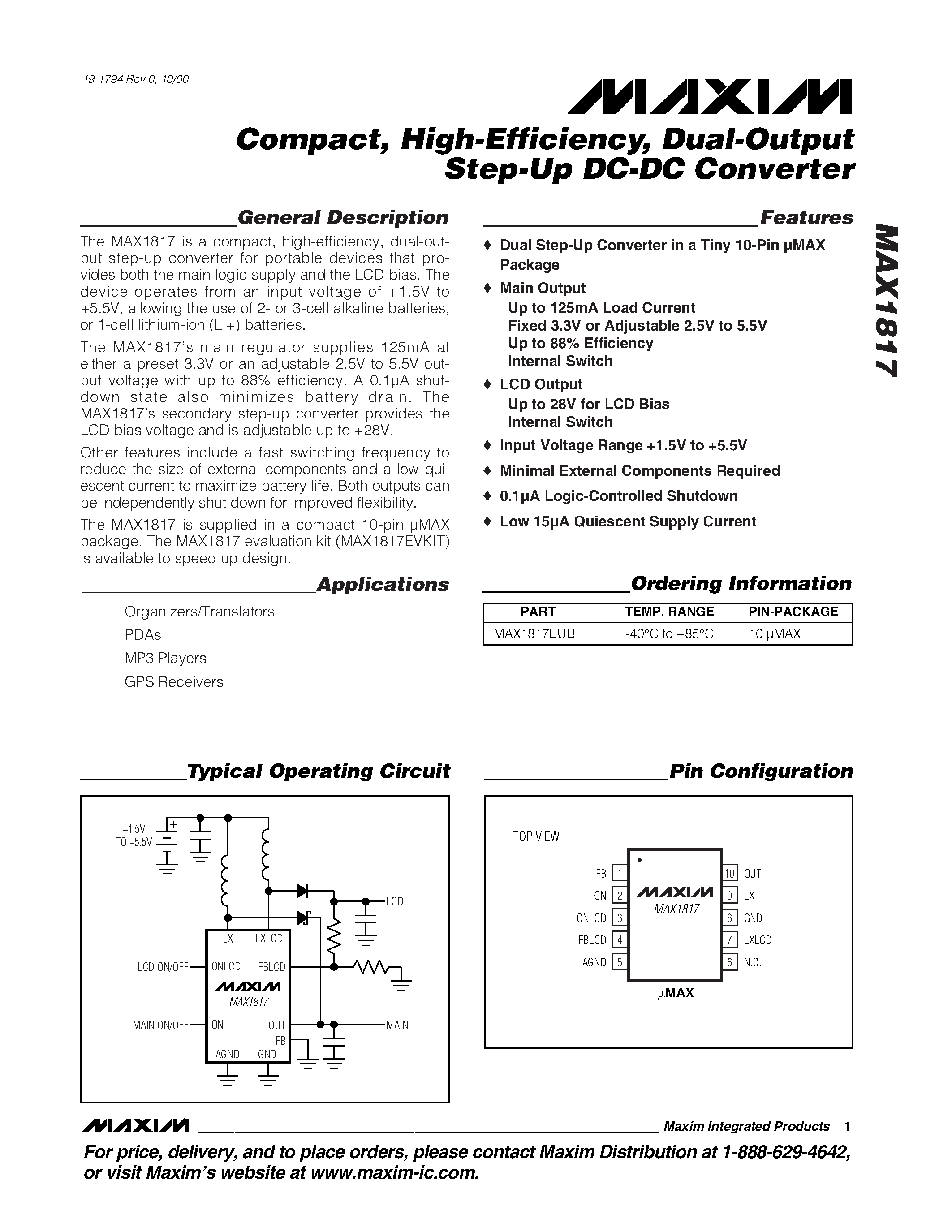 Datasheet MAX1817EUB - Compact / High-Efficiency / Dual-Output Step-Up DC-DC Converter page 1