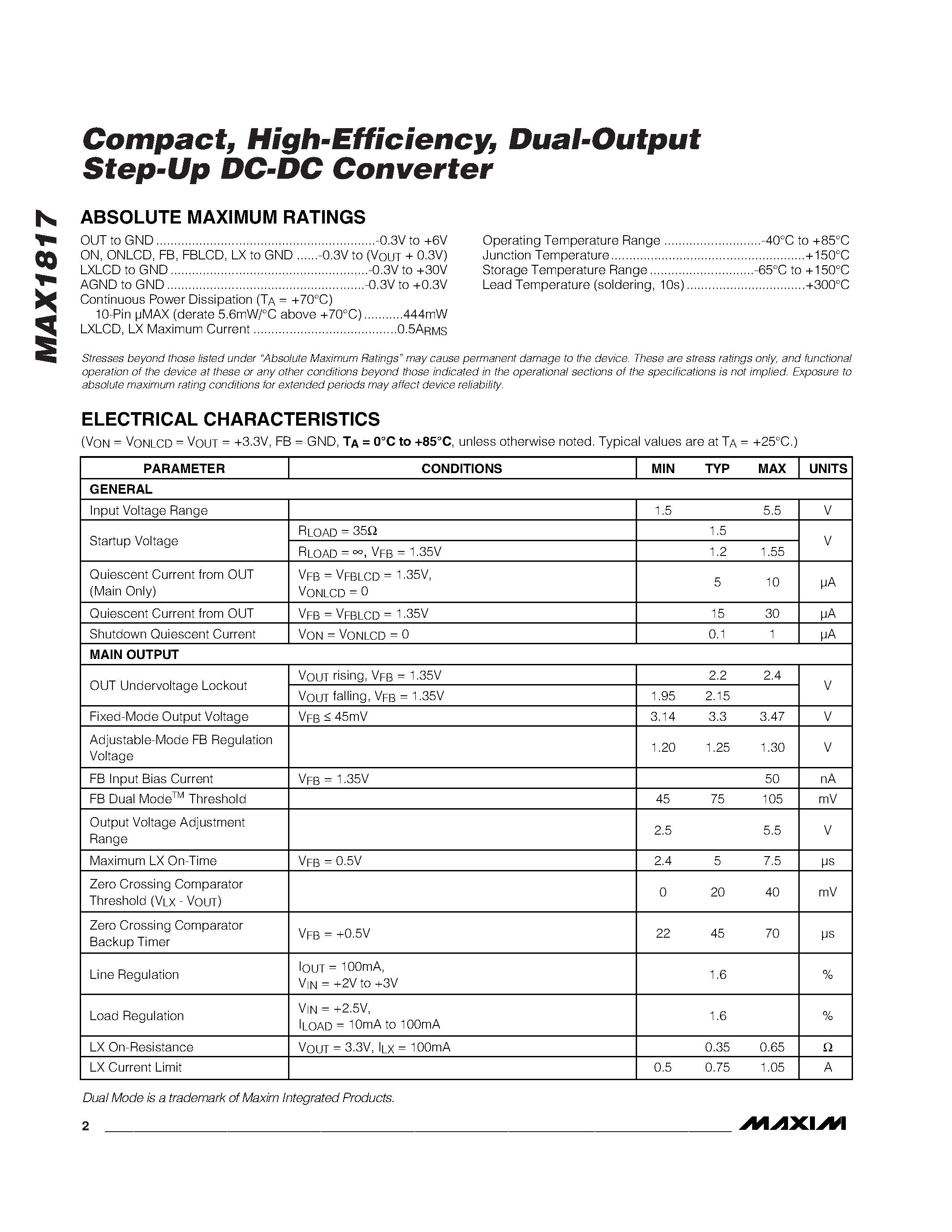 Datasheet MAX1817EUB - Compact / High-Efficiency / Dual-Output Step-Up DC-DC Converter page 2