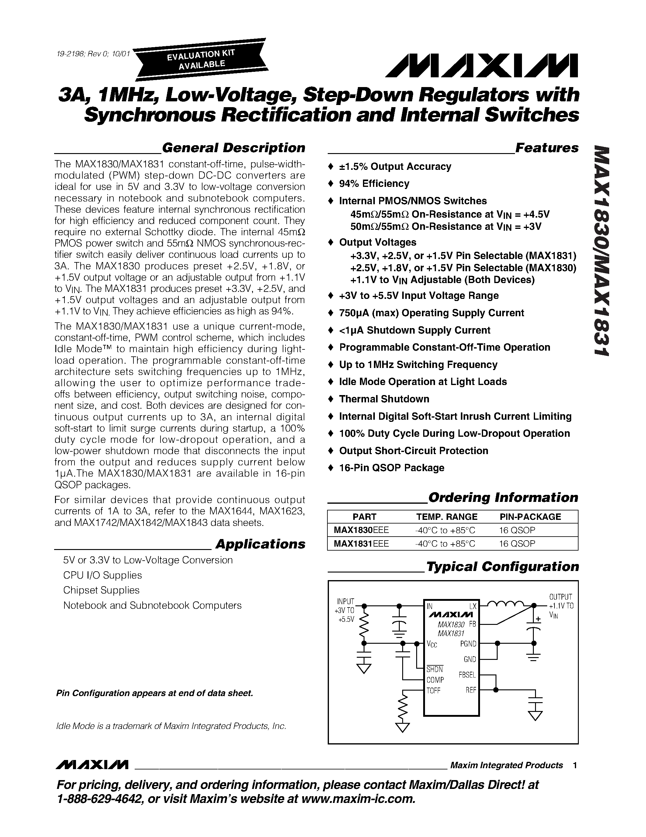 Datasheet MAX1830-MAX1831 - 3A / 1MHz / Low-Voltage / Step-Down Regulators with Synchronous Rectification and Internal Switches page 1