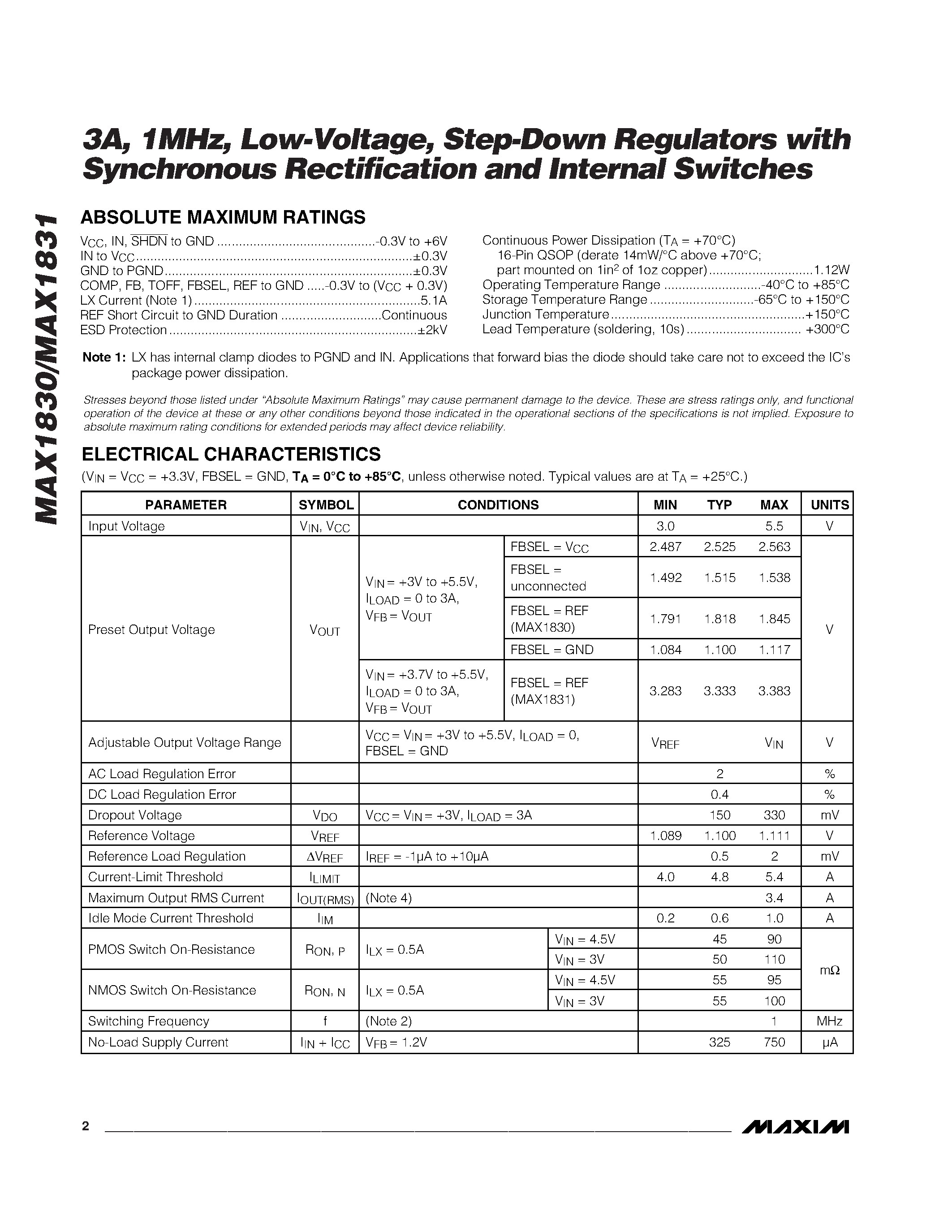 Datasheet MAX1830-MAX1831 - 3A / 1MHz / Low-Voltage / Step-Down Regulators with Synchronous Rectification and Internal Switches page 2