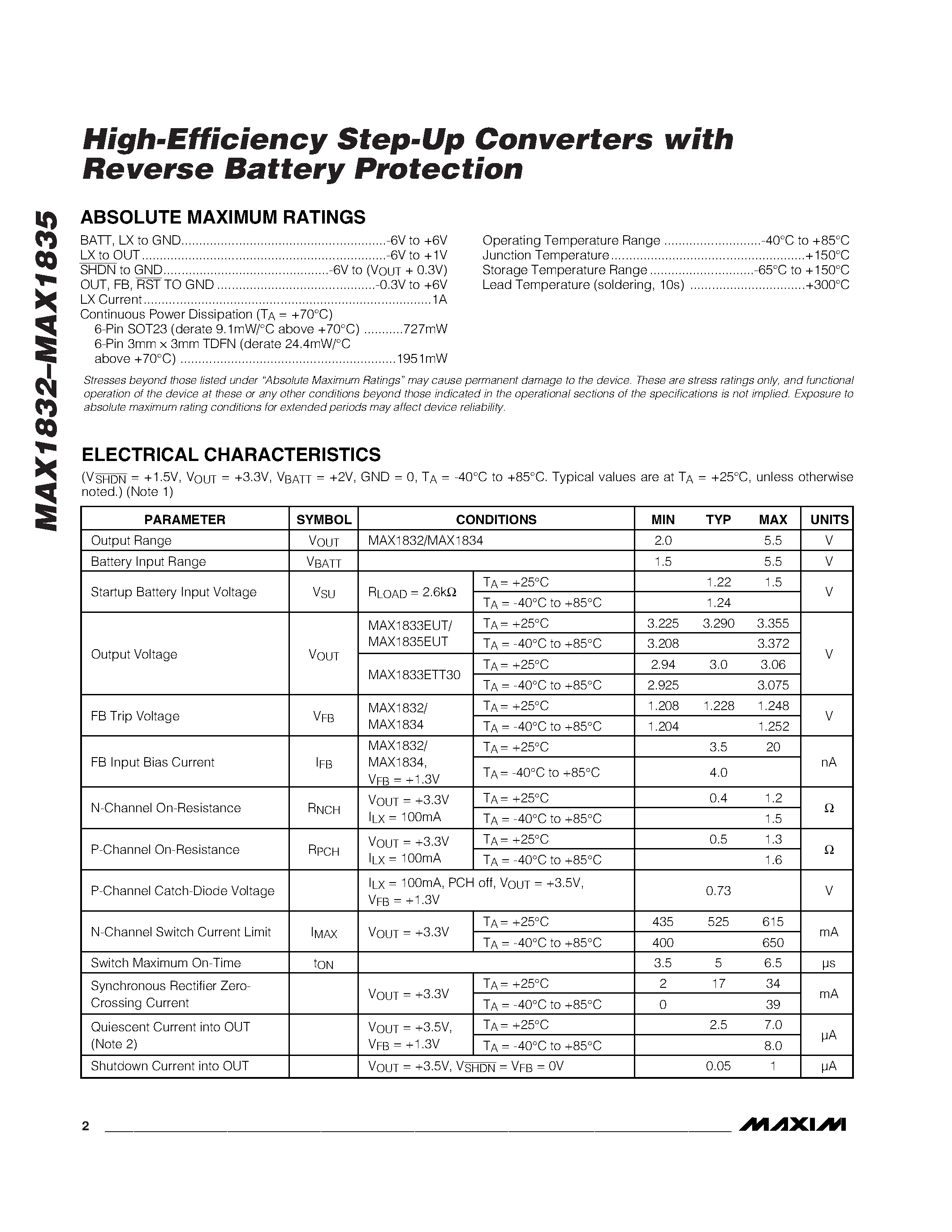 Datasheet MAX1833ETT30-T page 2 Datasheet MAX1833ETT30-T - High-Efficiency Step-Up Converters with Reverse Battery Protection page 2