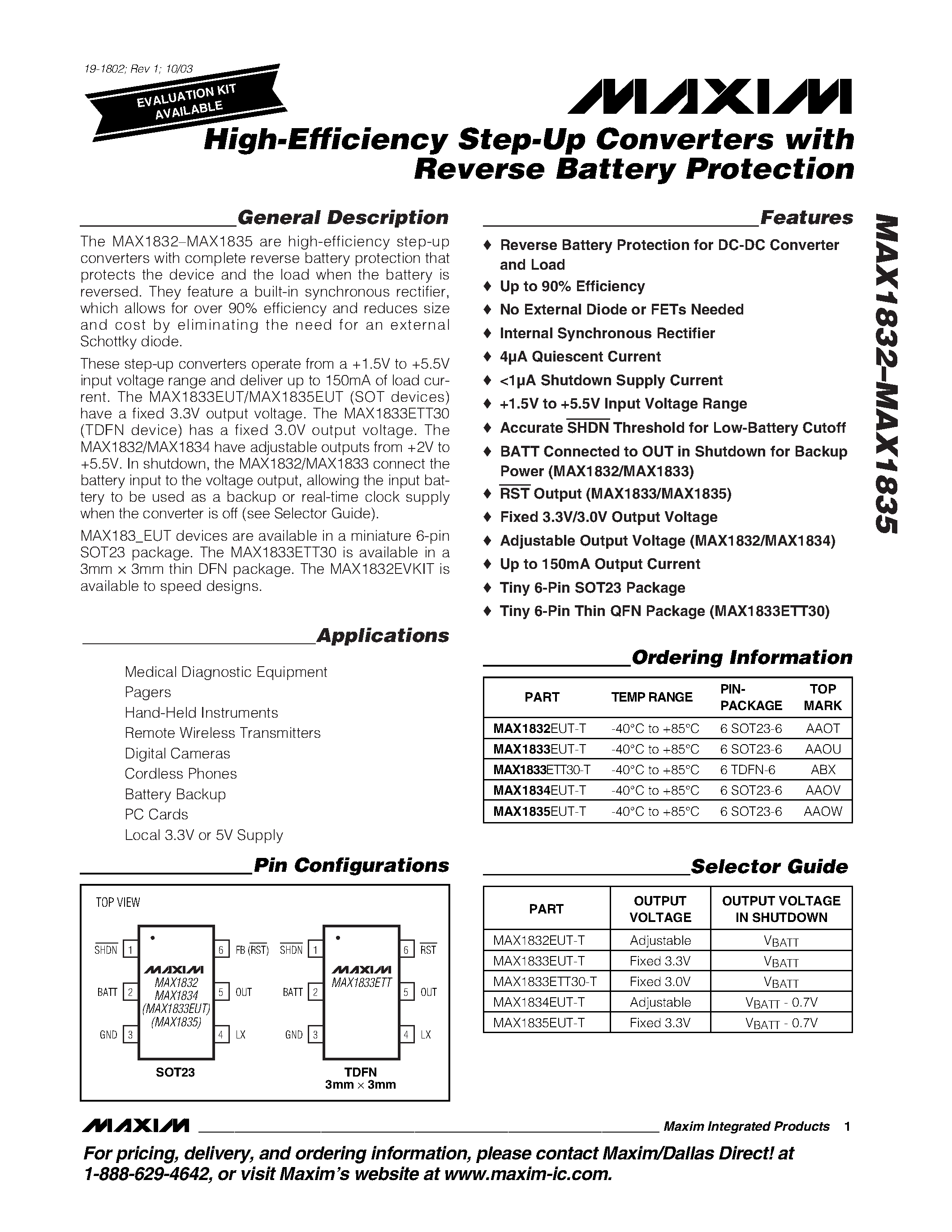 Datasheet MAX1834 - High-Efficiency Step-Up Converters with Reverse Battery Protection page 1