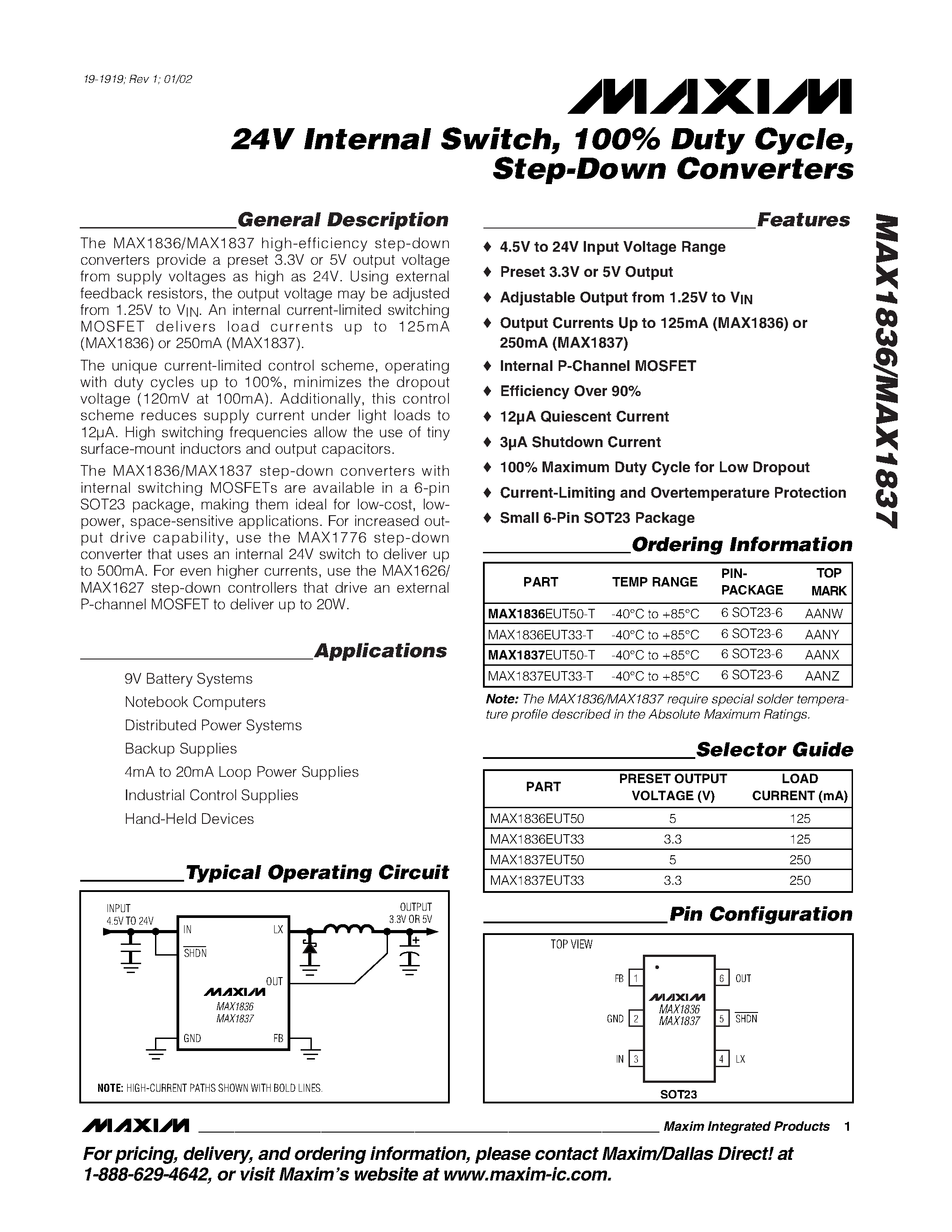 Даташит MAX1837EUT50-T - 24V Internal Switch / 100% Duty Cycle / Step-Down Converters страница 1