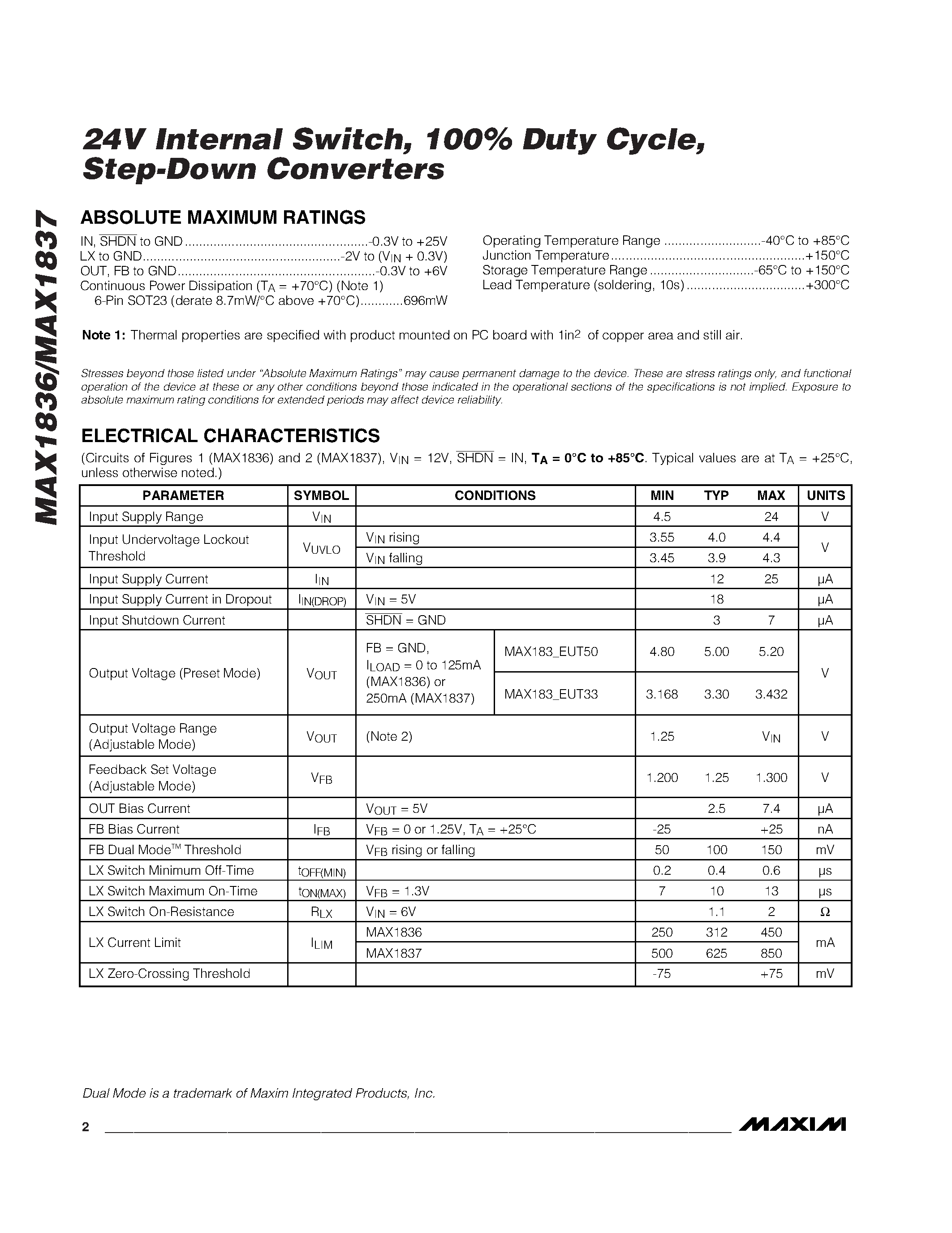 Даташит MAX1837EUT50-T - 24V Internal Switch / 100% Duty Cycle / Step-Down Converters страница 2