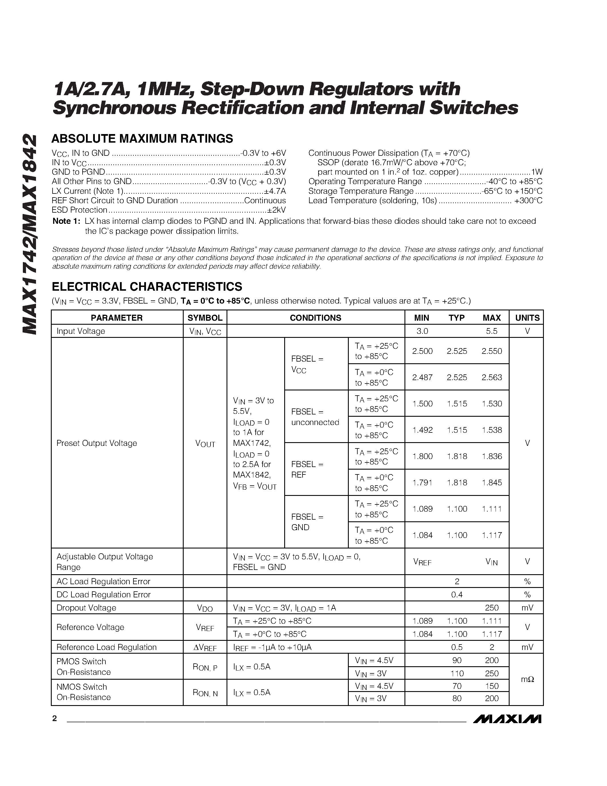 Datasheet MAX1842EEE - 1A/2.7A / 1MHz / Step-Down Regulators with Synchronous Rectification and Internal Switches page 2