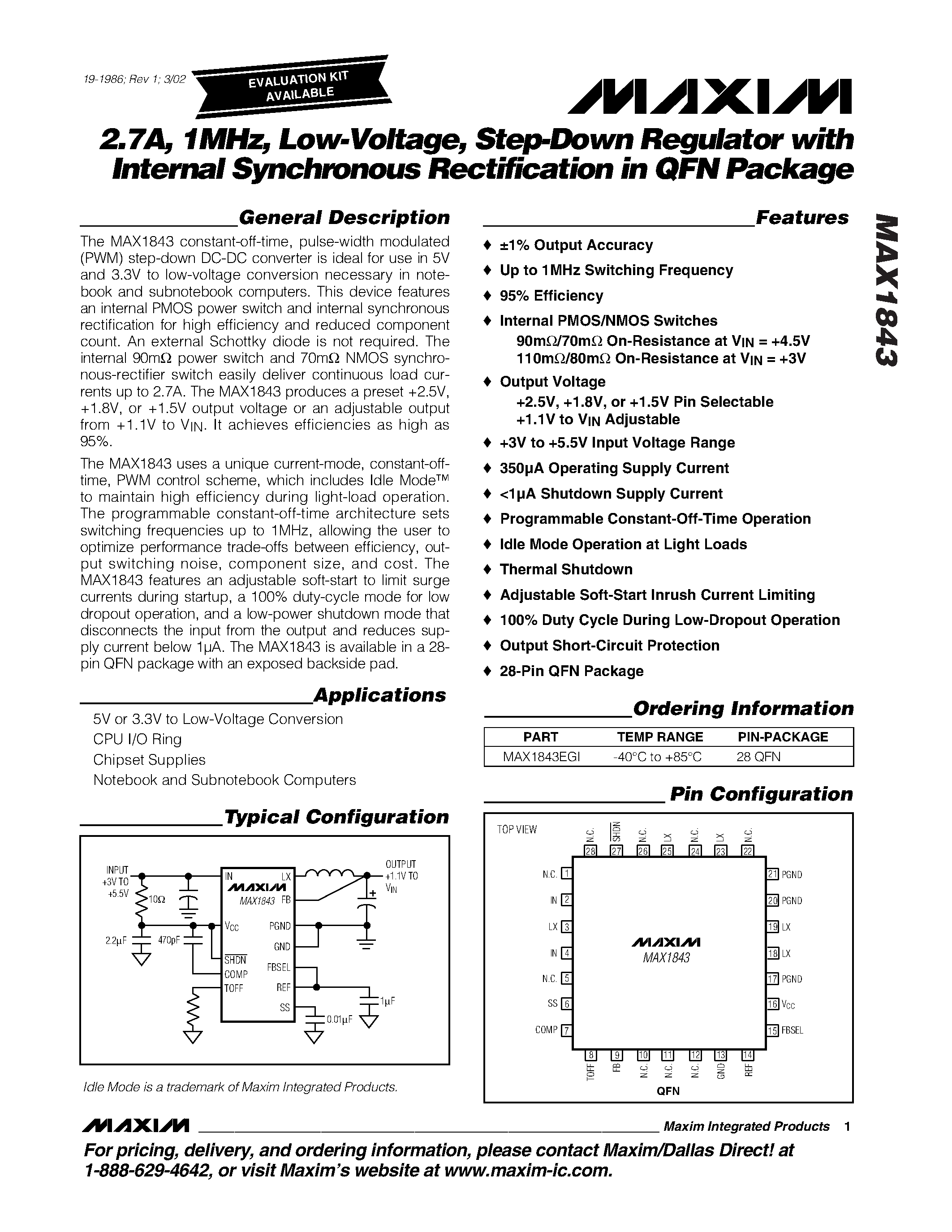 Datasheet MAX1843 - 2.7A / 1MHz / Low-Voltage / Step-Down Regulator with Internal Synchronous Rectification in QFN Package page 1