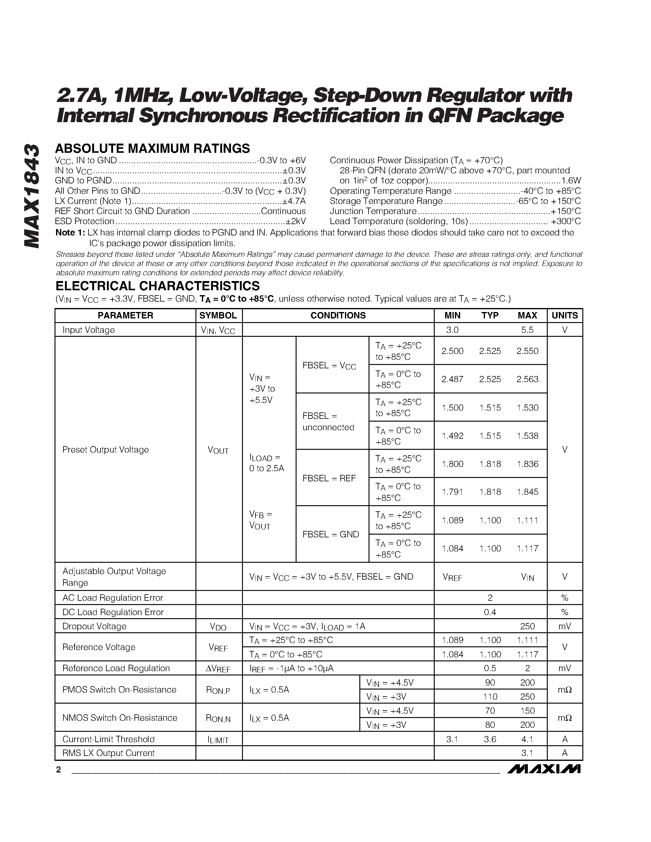 Datasheet MAX1843EGI - 2.7A / 1MHz / Low-Voltage / Step-Down Regulator with Internal Synchronous Rectification in QFN Package page 2
