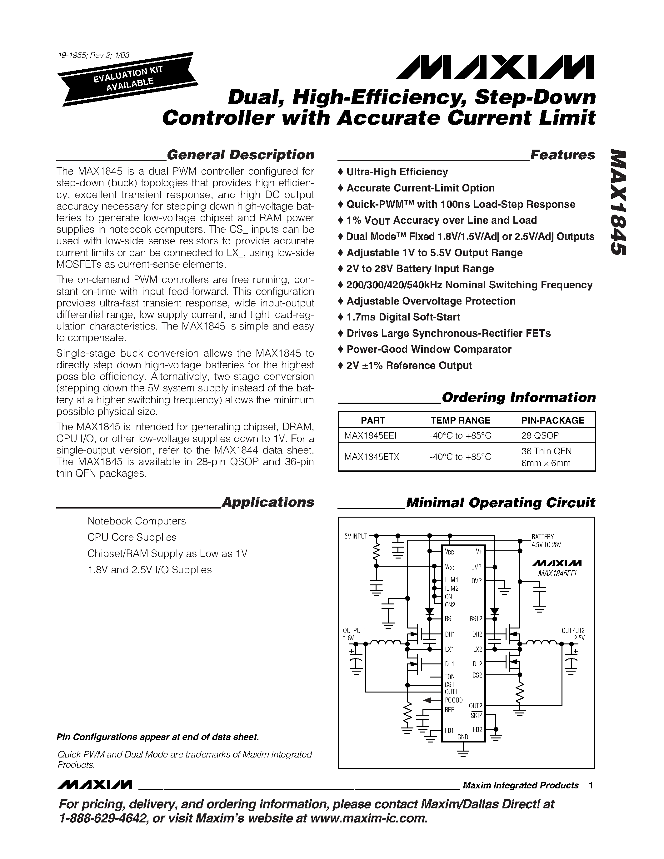 Datasheet MAX1845 - Dual / High-Efficiency / Step-Down Controller with Accurate Current Limit page 1