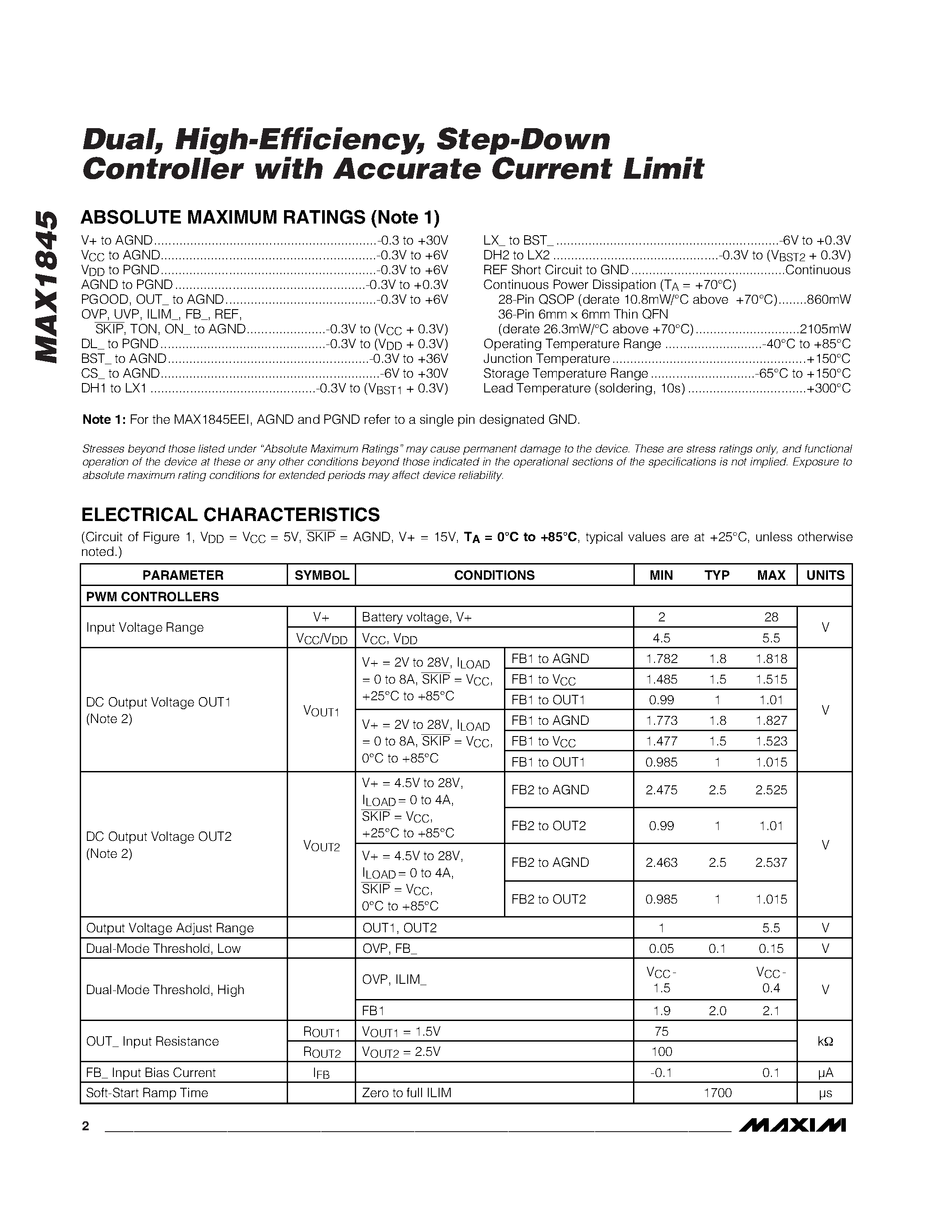 Datasheet MAX1845EEI - Dual / High-Efficiency / Step-Down Controller with Accurate Current Limit page 2