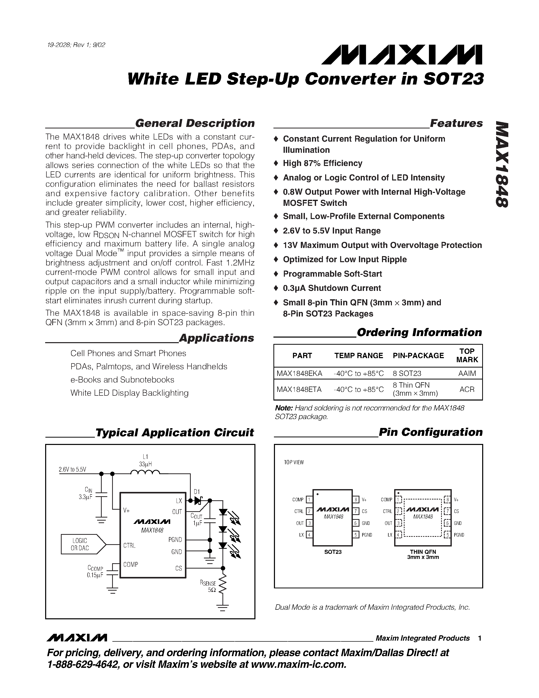 Datasheet MAX1848 - White LED Step-Up Converter in SOT23 page 1